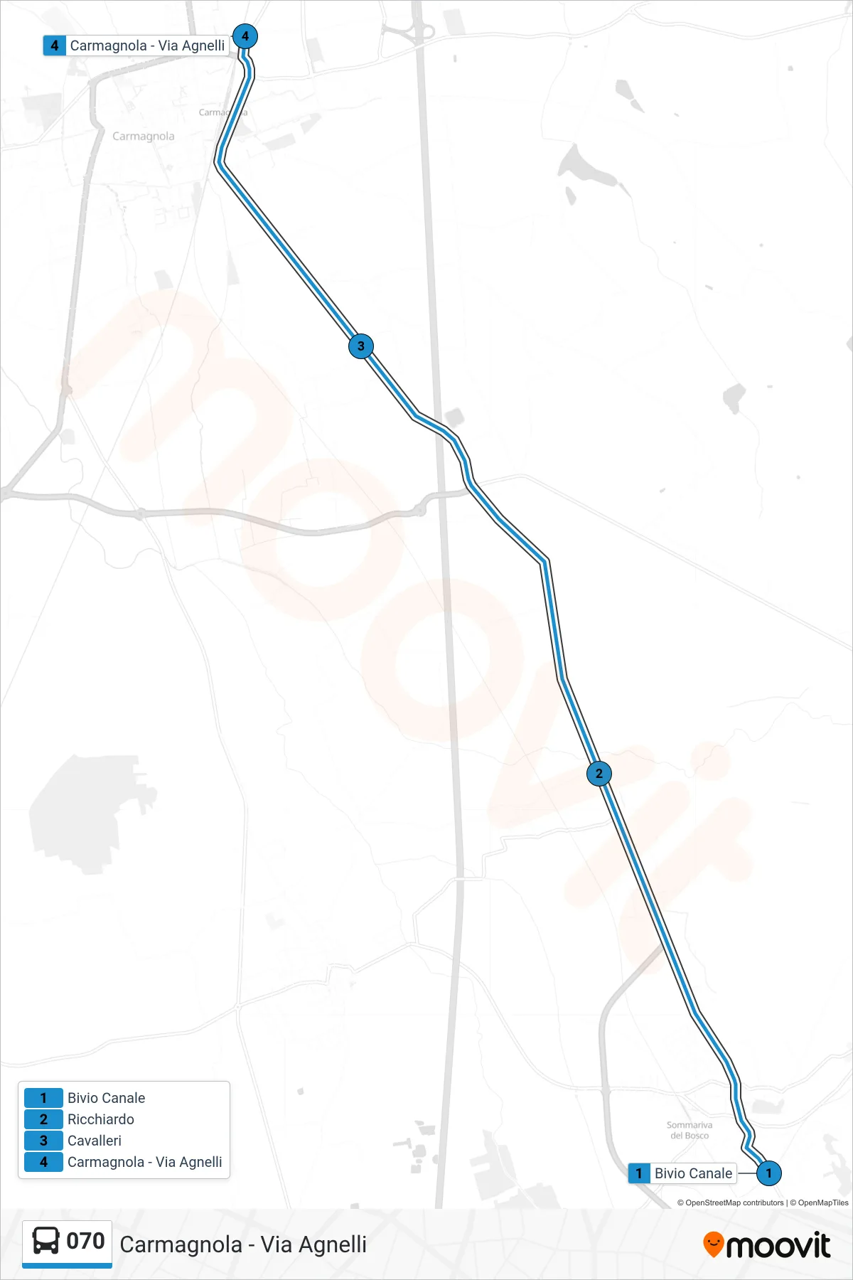 Linea 070 bus (Carmagnola - Via Agnelli) - Percorsi e fermate sulla mappa
