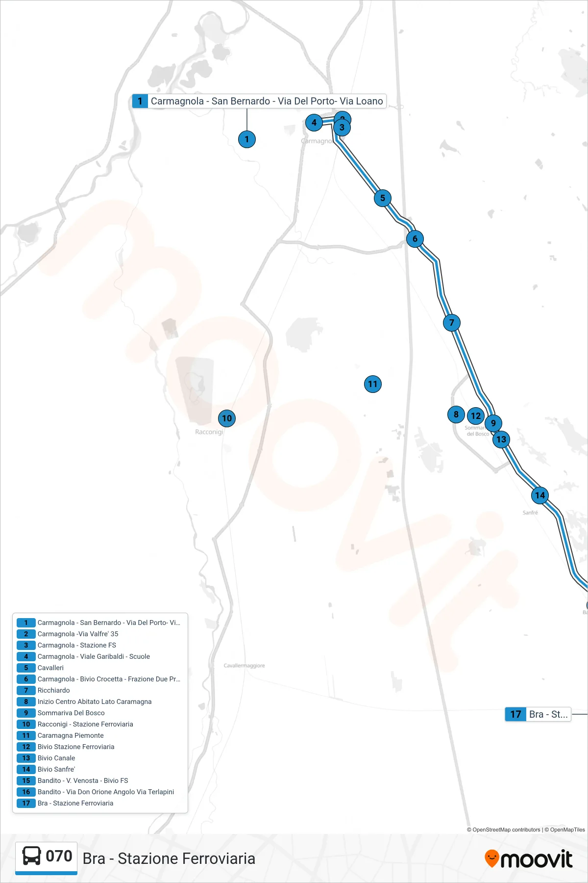 Linea 070 bus (Bra - Stazione Ferroviaria) - Percorsi e fermate sulla mappa