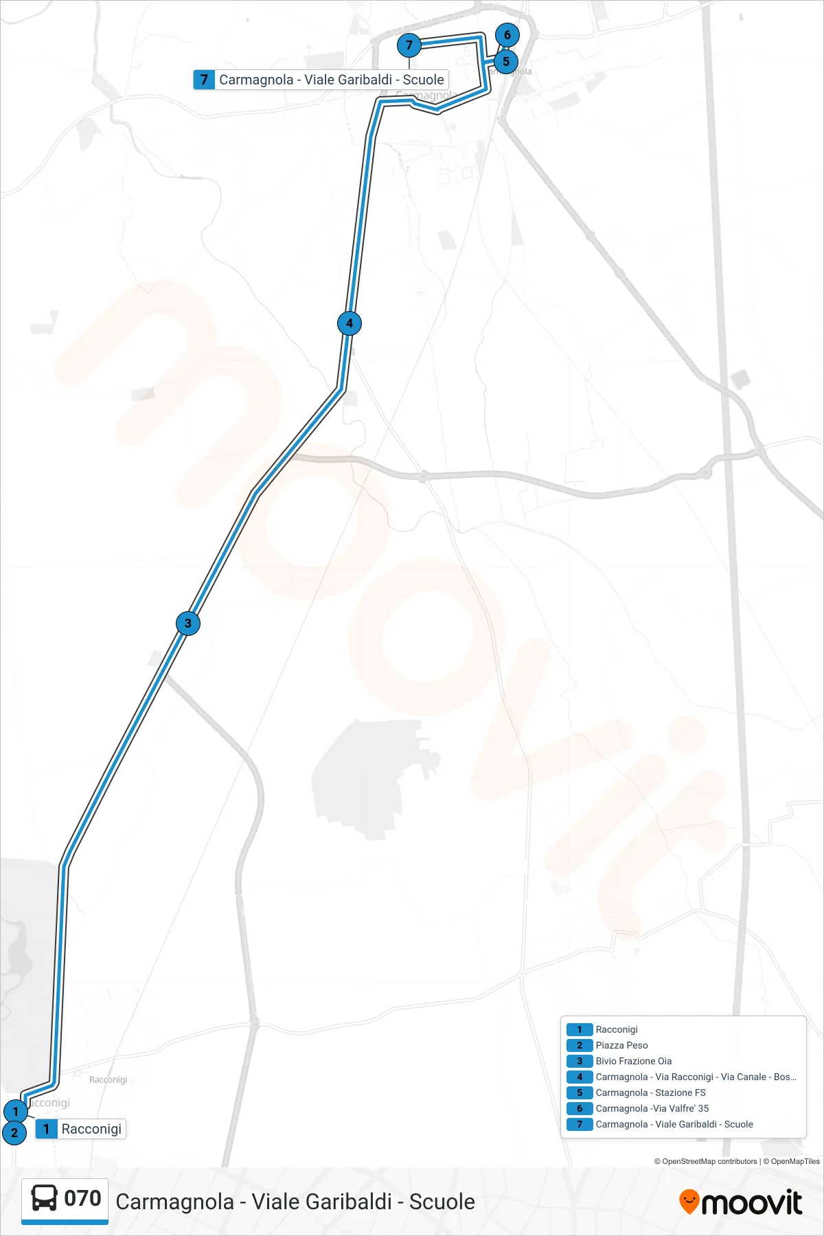 Linea 070 bus (Carmagnola - Viale Garibaldi - Scuole) - Percorsi e fermate sulla mappa