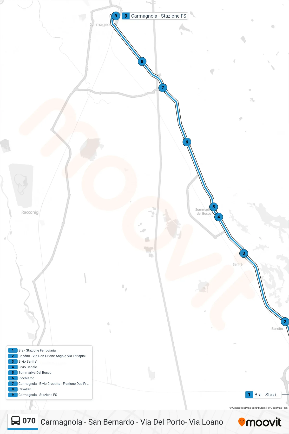 070 bus Line (Carmagnola - San Bernardo - Via Del Porto- Via Loano) route and stops on a map