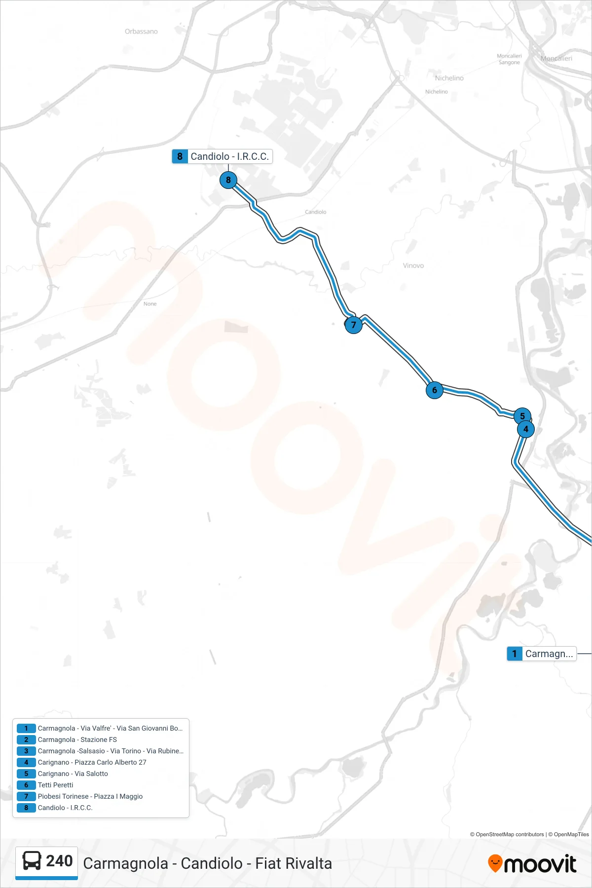 Linea 240 bus (Candiolo - I.R.C.C.) - Percorsi e fermate sulla mappa