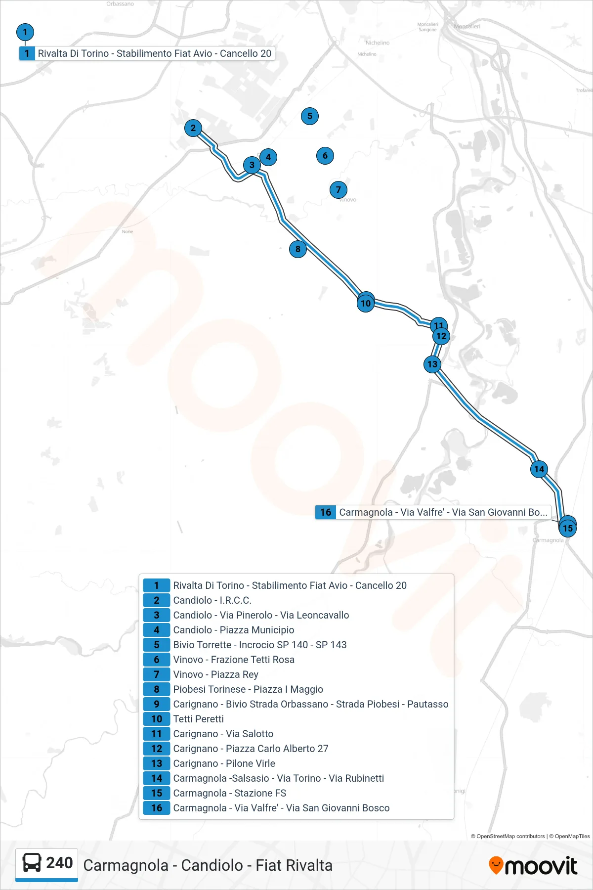 Linea 240  bus (Carmagnola - Via Valfre' - Via San Giovanni Bosco) - Percorsi e fermate sulla mappa