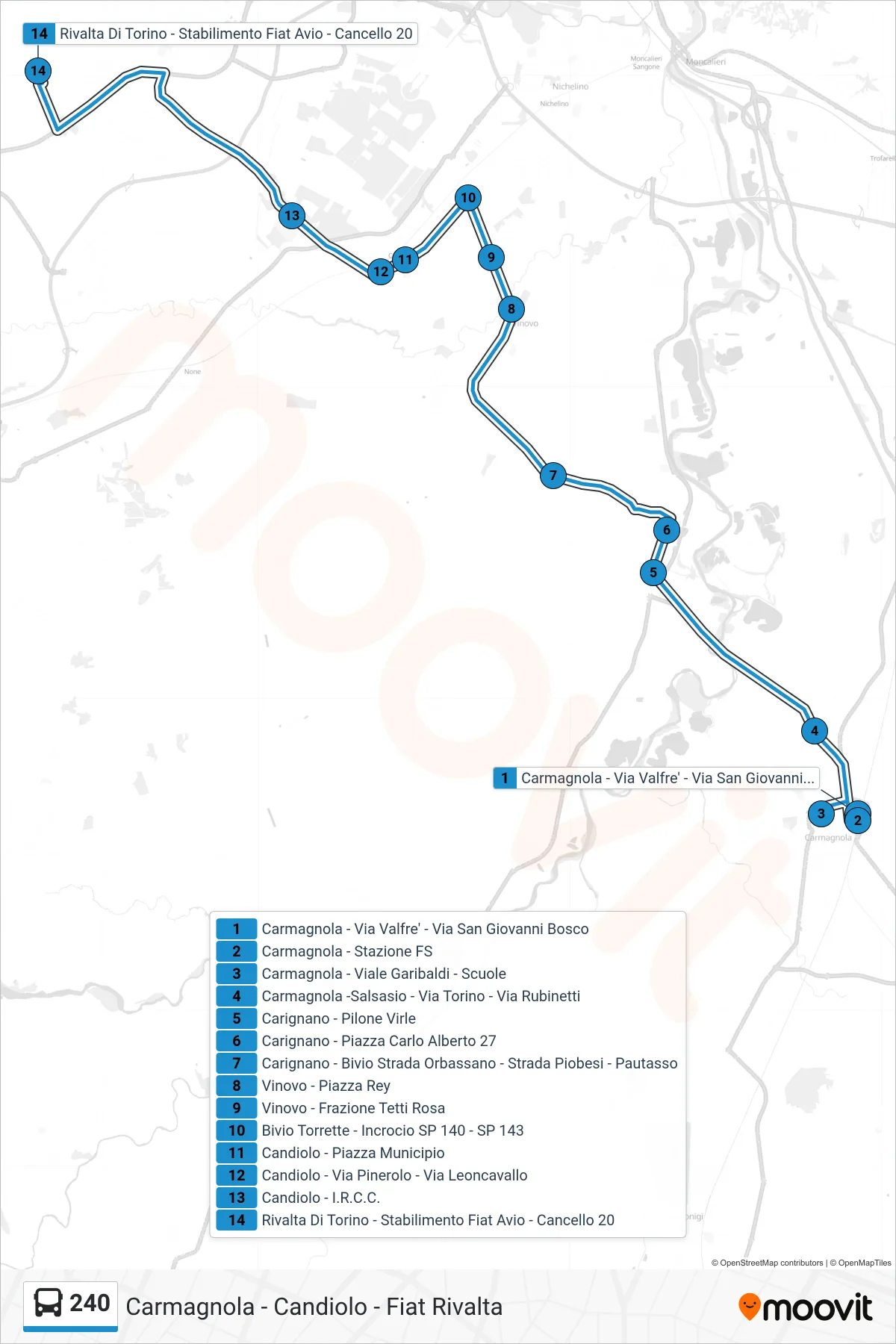 Linea 240  bus (Rivalta Di Torino - Stabilimento Fiat Avio - Cancello 20) - Percorsi e fermate sulla mappa