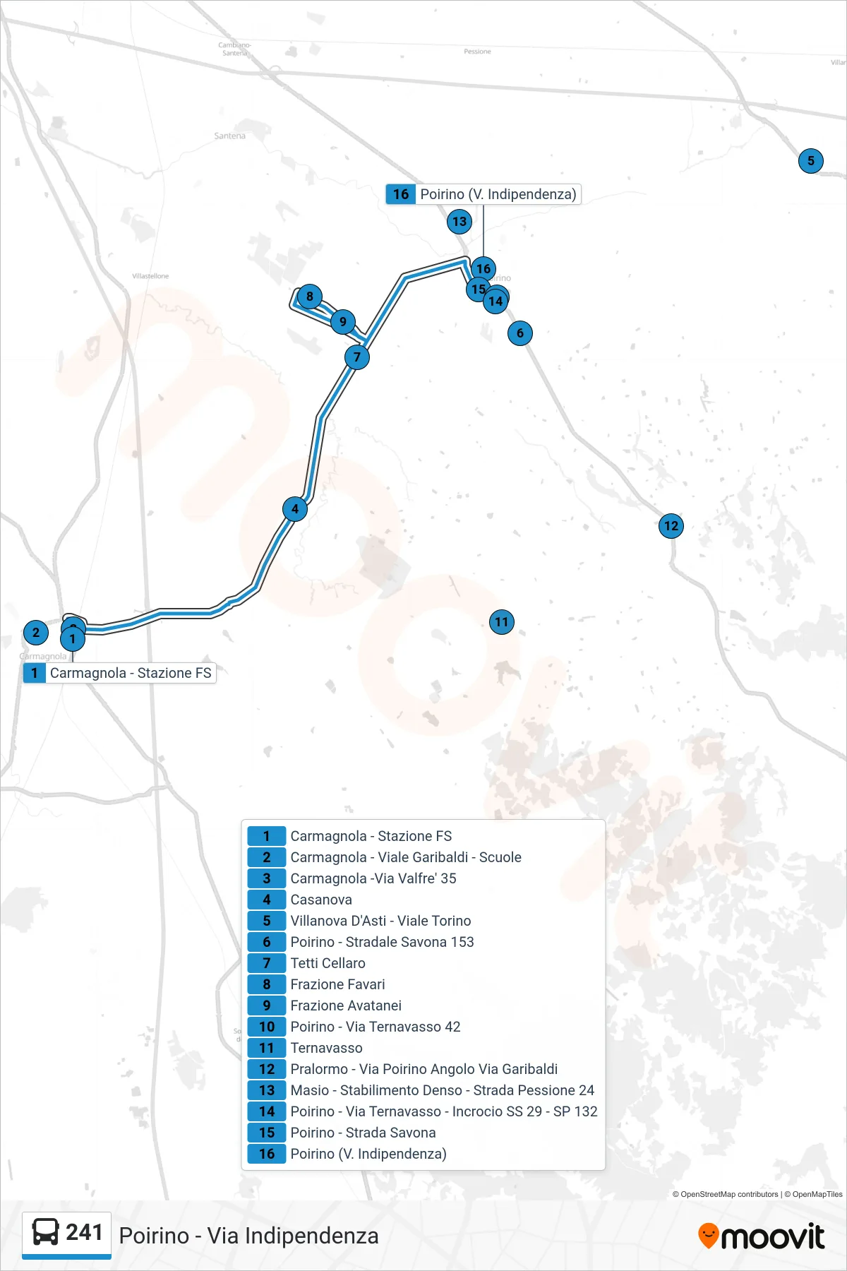Linea 241  bus (Poirino - Via Indipendenza) - Percorsi e fermate sulla mappa