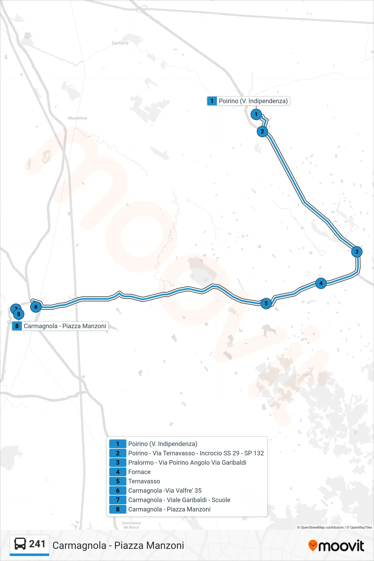 Linea 241 bus (Carmagnola - Piazza Manzoni) - Percorsi e fermate sulla mappa