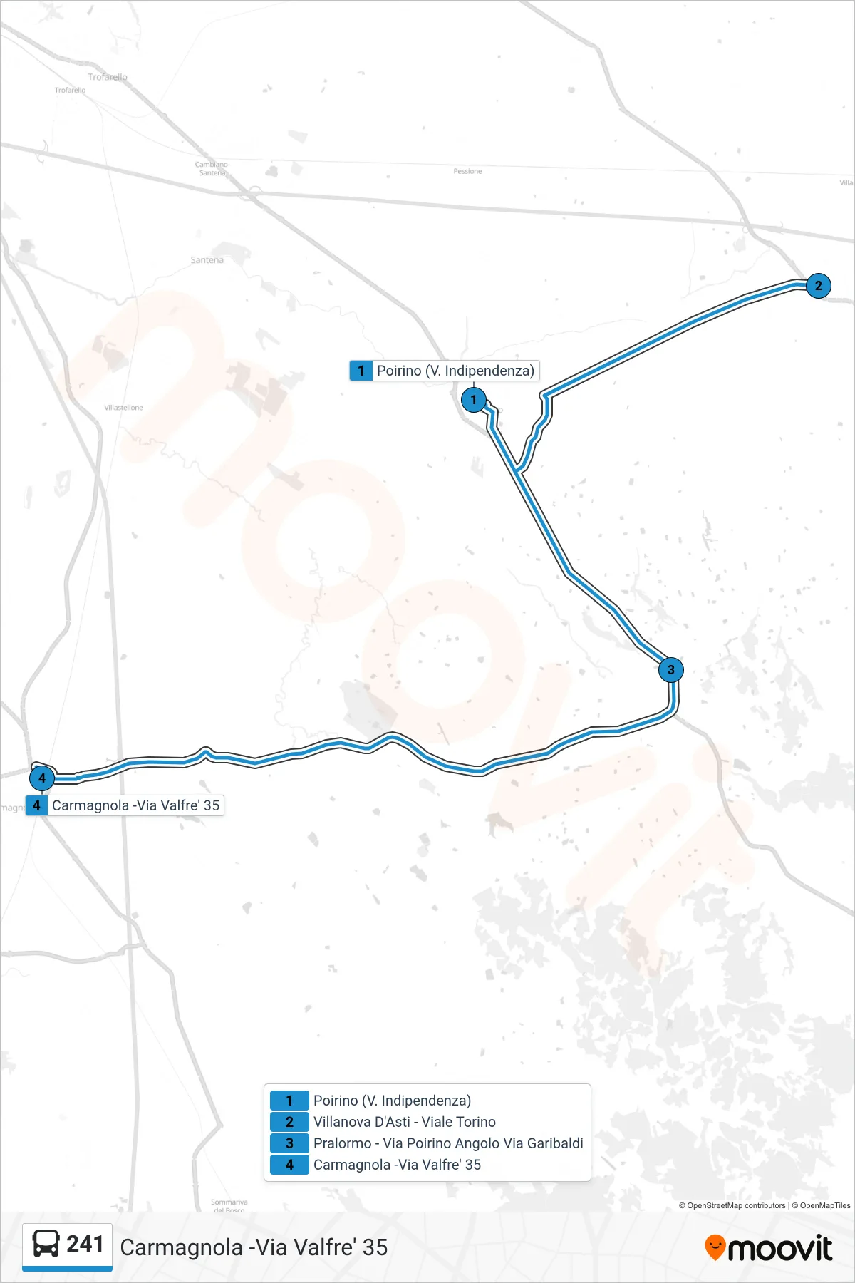 Linea 241  bus (Carmagnola -Via Valfre'  35) - Percorsi e fermate sulla mappa