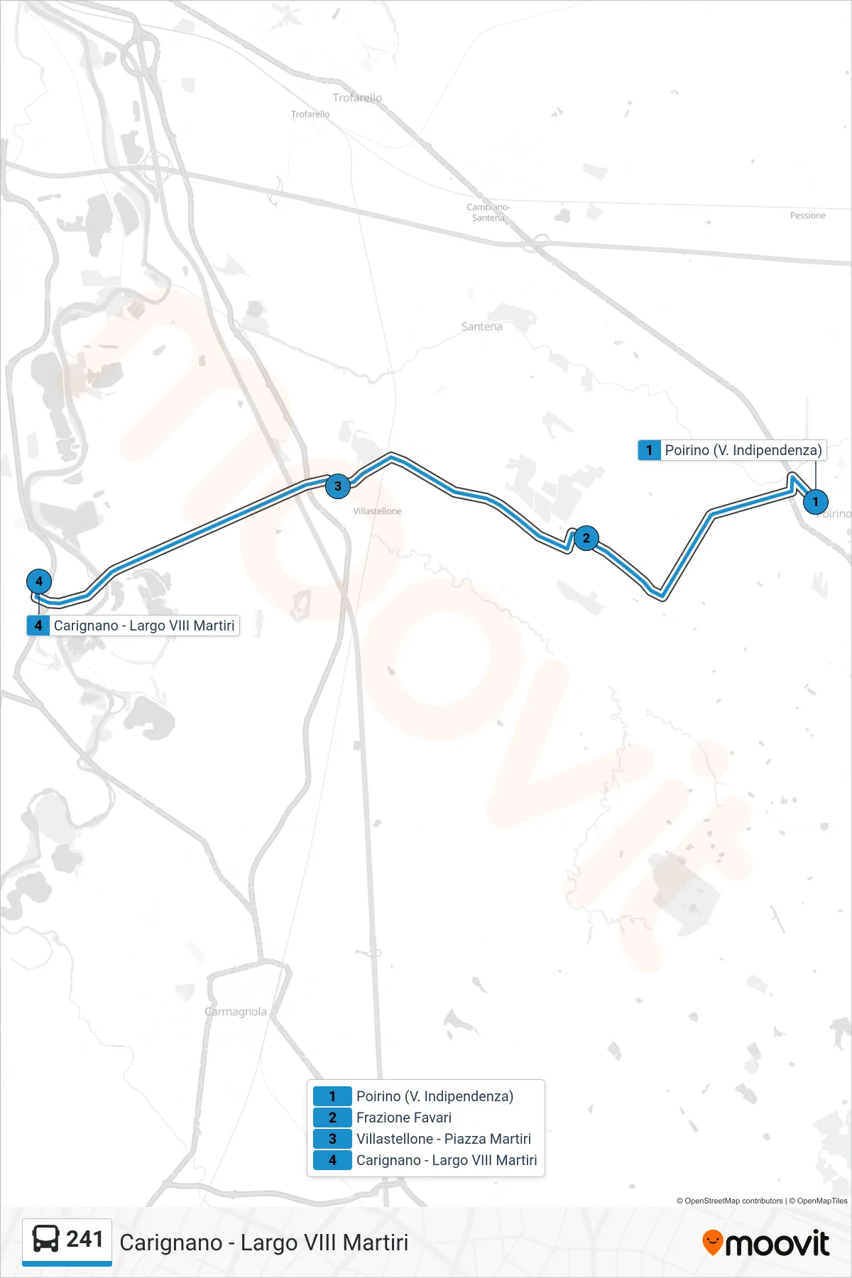 Linea 241  bus (Carignano - Largo VIII Martiri) - Percorsi e fermate sulla mappa