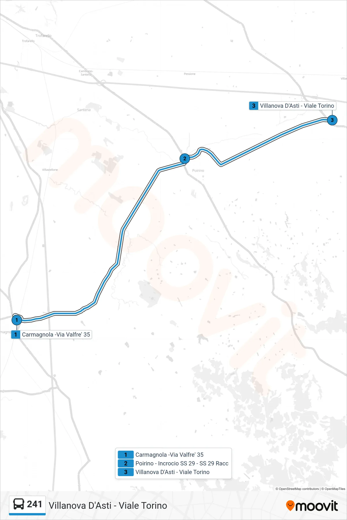 Linea 241 bus (Villanova D'Asti - Viale Torino) - Percorsi e fermate sulla mappa