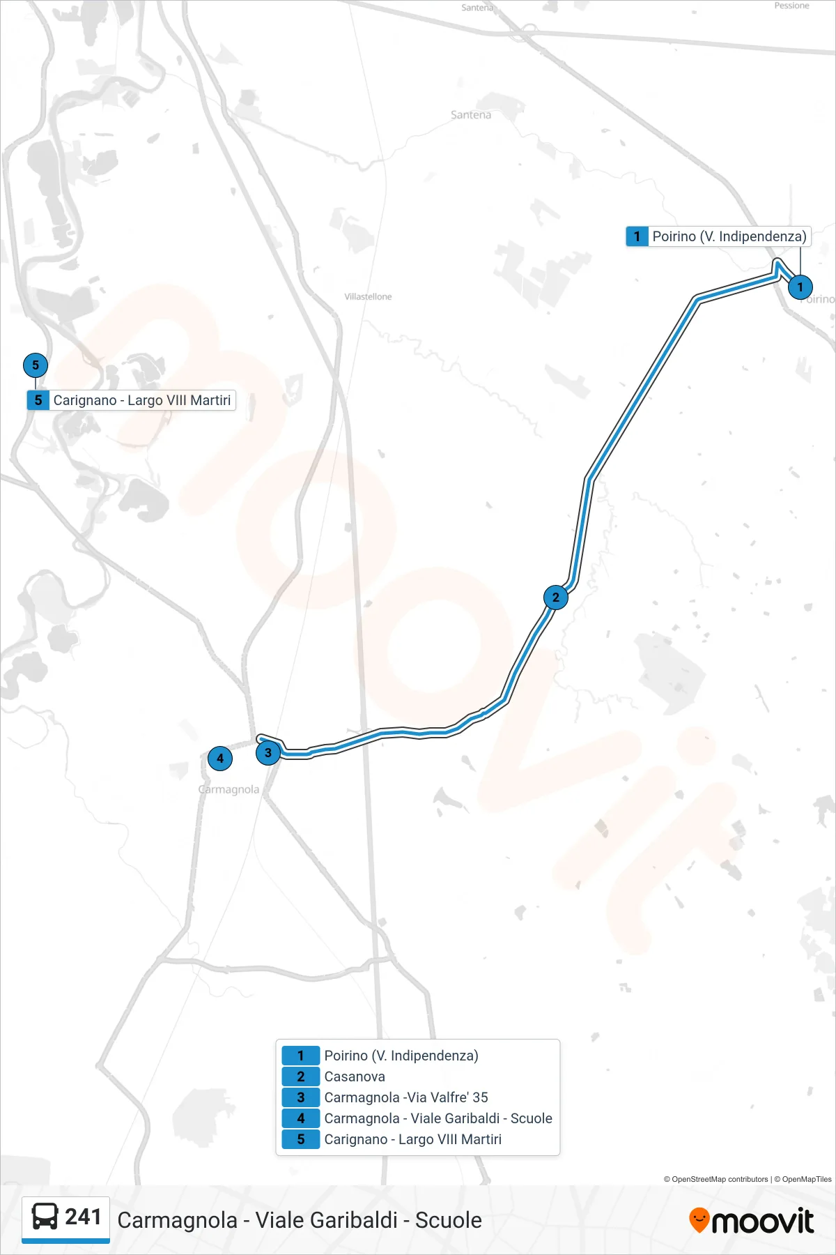 Linea 241 bus (Carmagnola - Viale Garibaldi - Scuole) - Percorsi e fermate sulla mappa