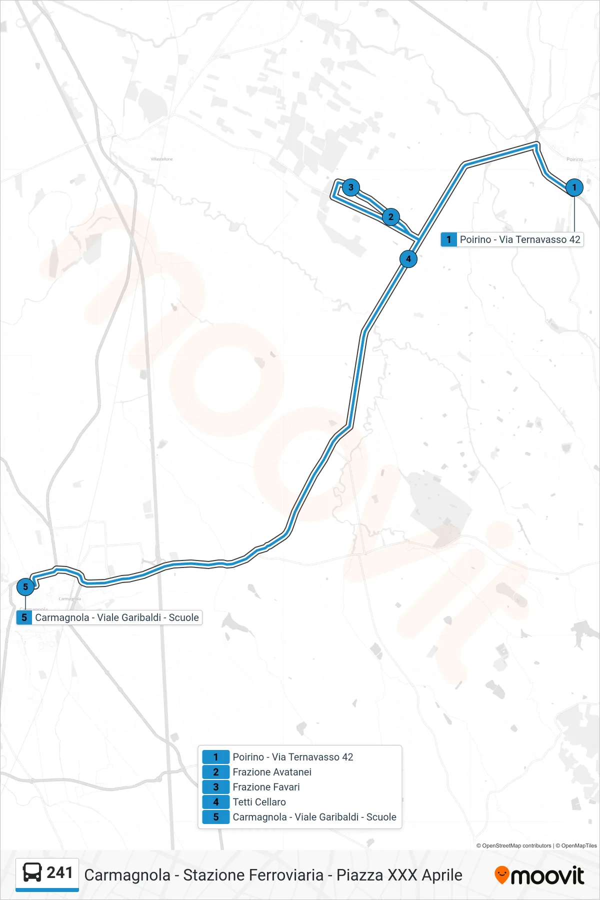 Linea 241  bus (Carmagnola - Stazione Ferroviaria - Piazza XXX Aprile) - Percorsi e fermate sulla mappa