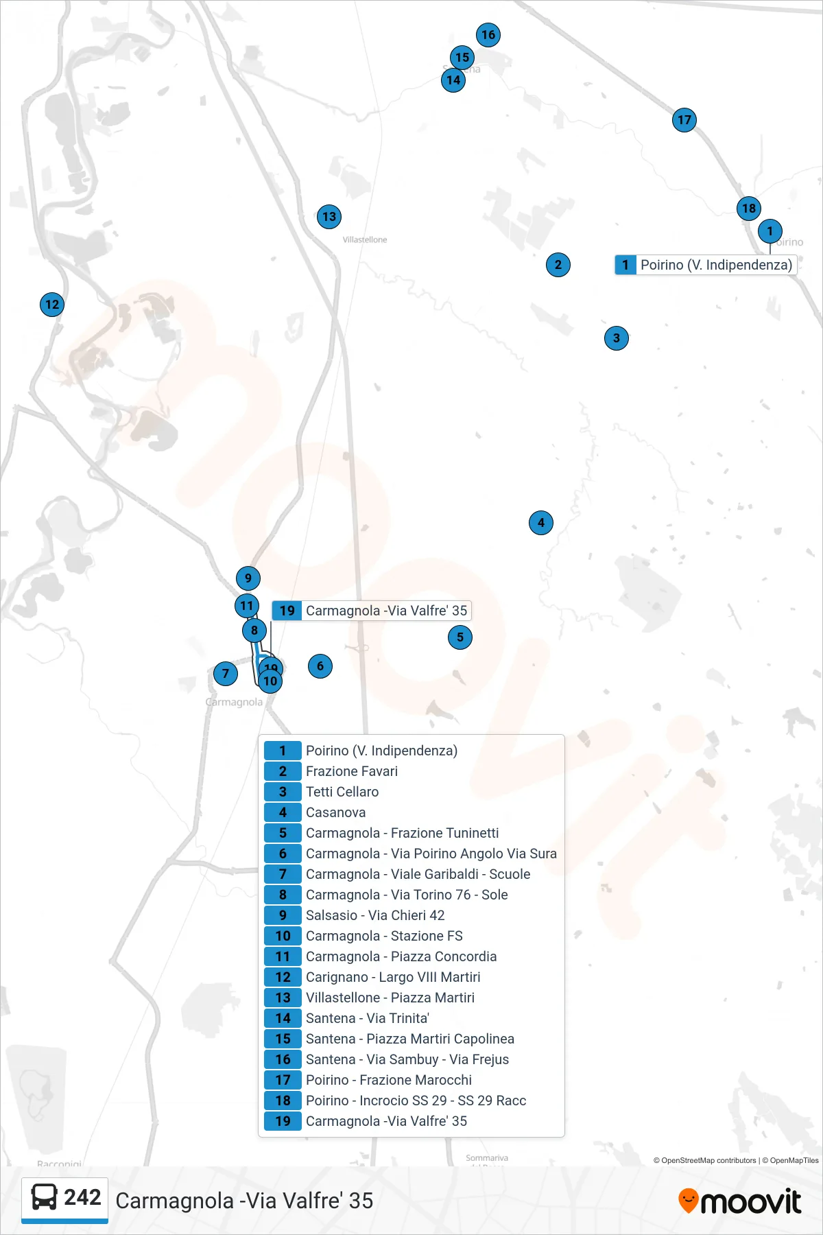 Linea 242  bus (Carmagnola -Via Valfre'  35) - Percorsi e fermate sulla mappa