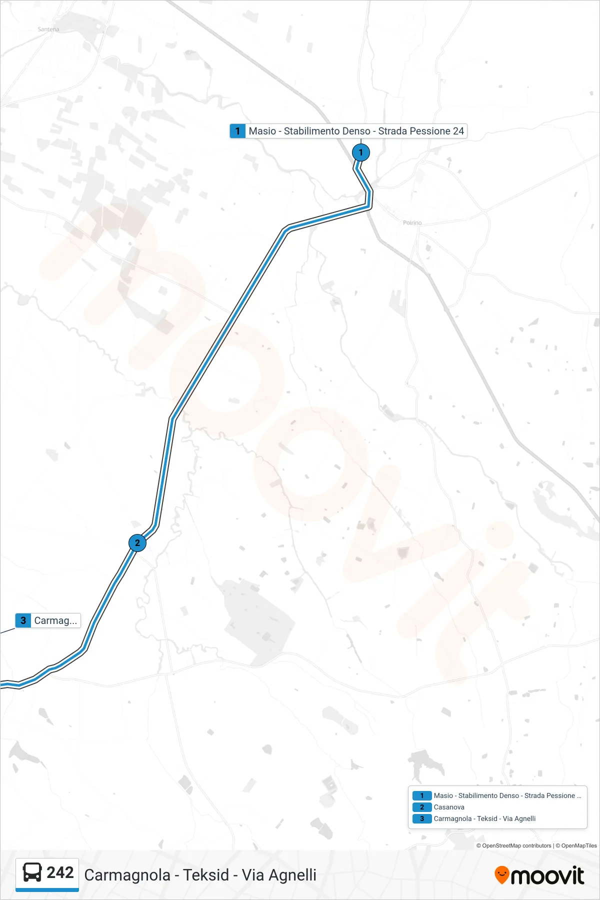 Linea 242 bus (Carmagnola - Teksid - Via Agnelli) - Percorsi e fermate sulla mappa