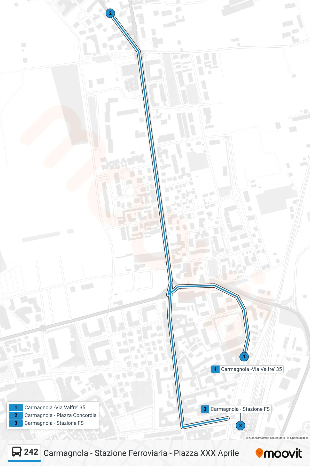 Linea 242 bus (Carmagnola - Stazione Ferroviaria - Piazza XXX Aprile) - Percorsi e fermate sulla mappa