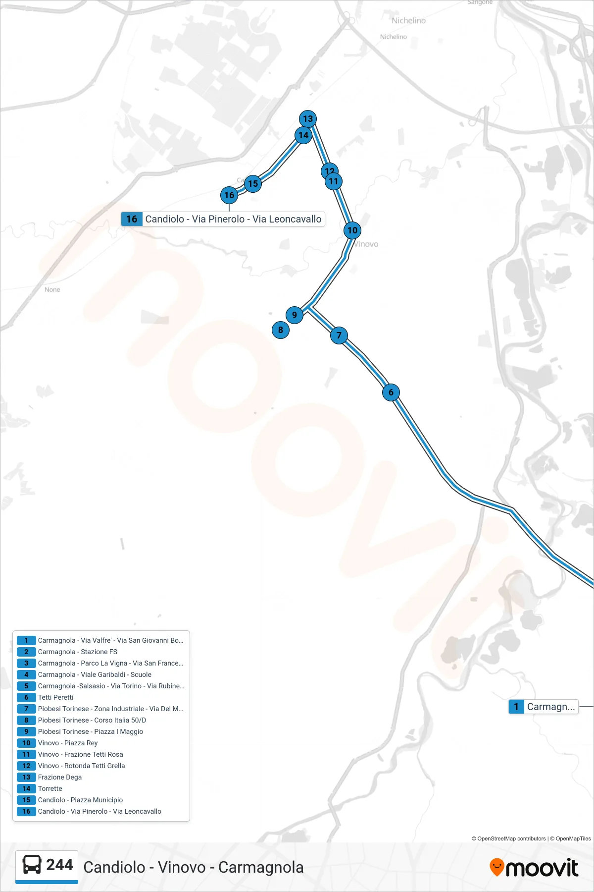 Linea 244 bus (Candiolo - Via Pinerolo - Via Leoncavallo) - Percorsi e fermate sulla mappa