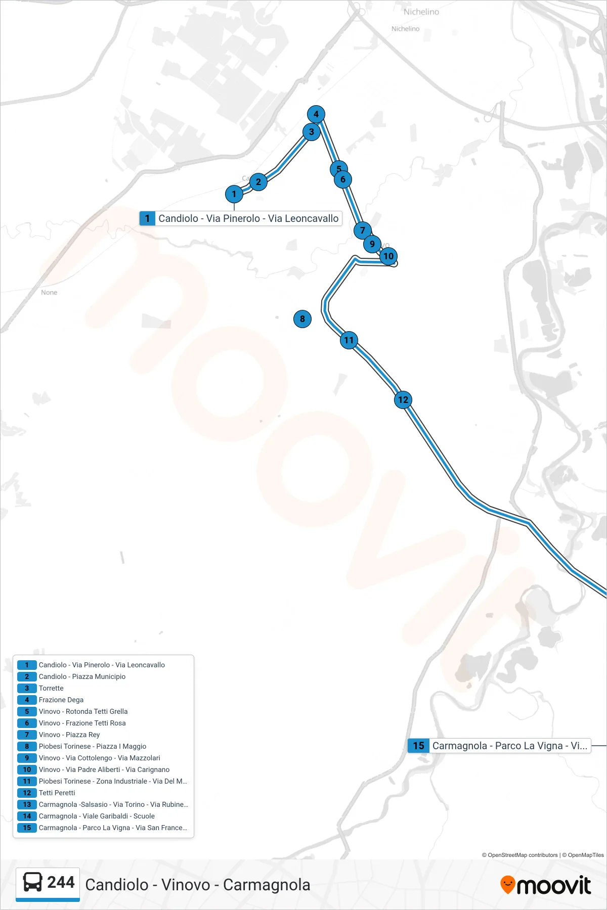 Linea 244 bus (Carmagnola - Parco La Vigna - Via San Francesco Di Sales 206) - Percorsi e fermate sulla mappa