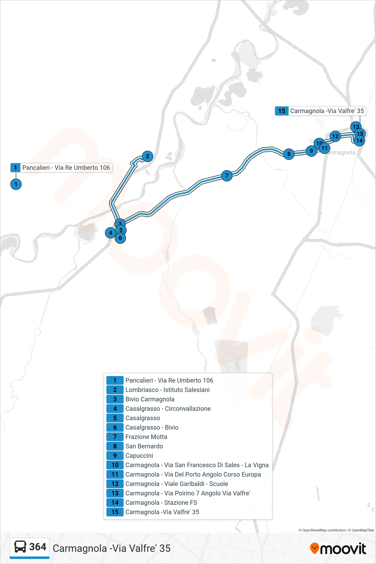 Linea 364 bus (Carmagnola -Via Valfre' 35) - Percorsi e fermate sulla mappa