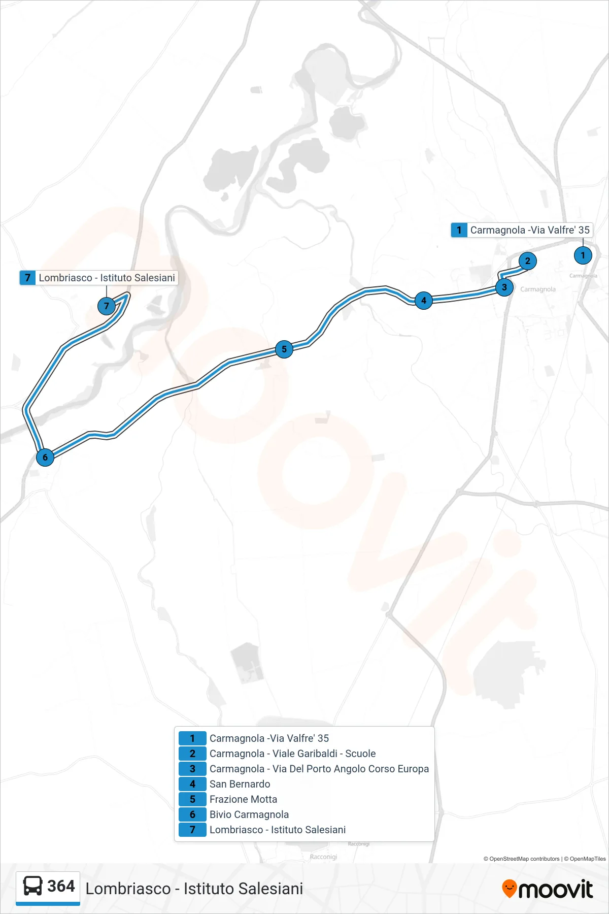 Linea 364 bus (Lombriasco - Istituto Salesiani) - Percorsi e fermate sulla mappa
