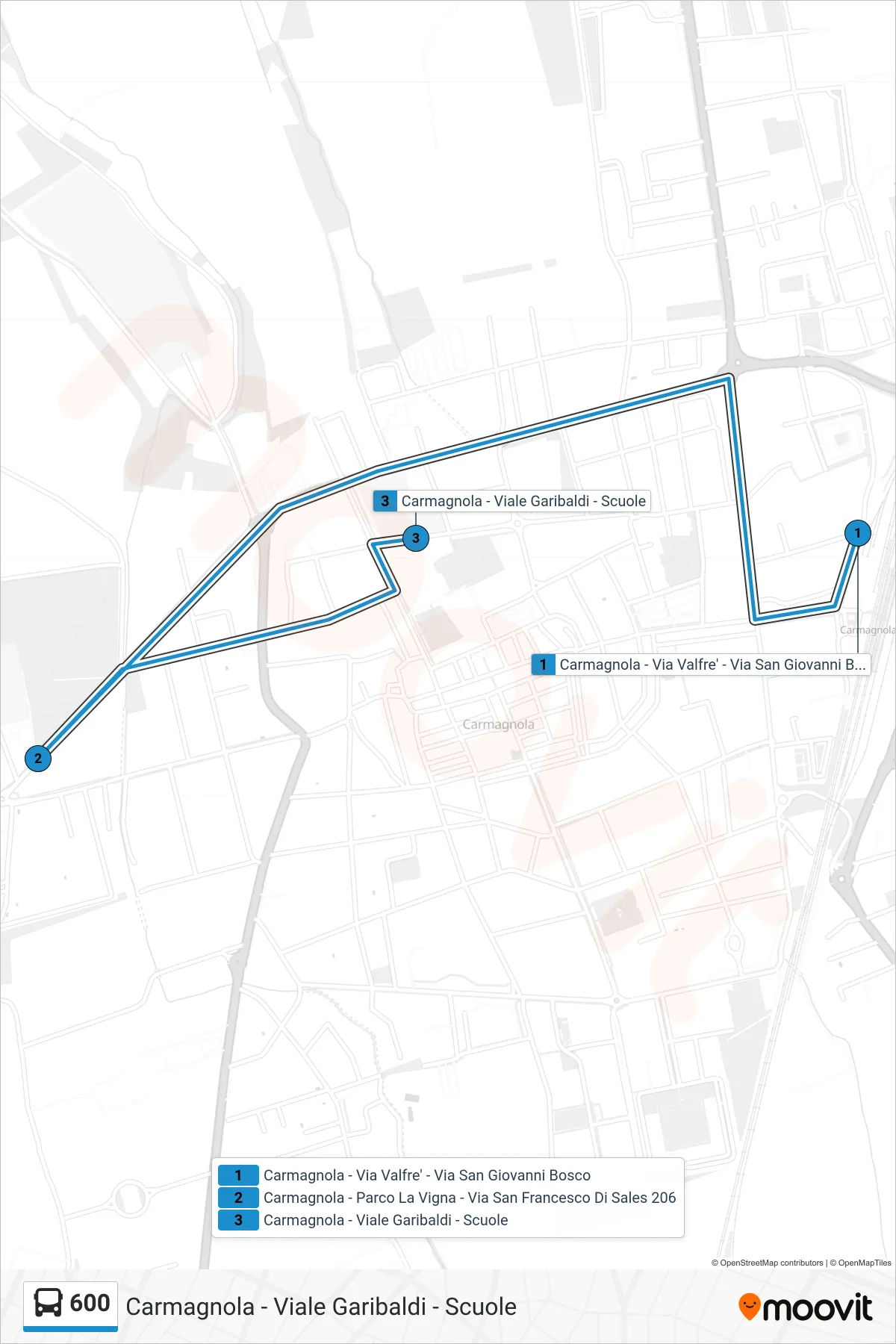 Linea 600  bus (Carmagnola - Viale Garibaldi - Scuole) - Percorsi e fermate sulla mappa