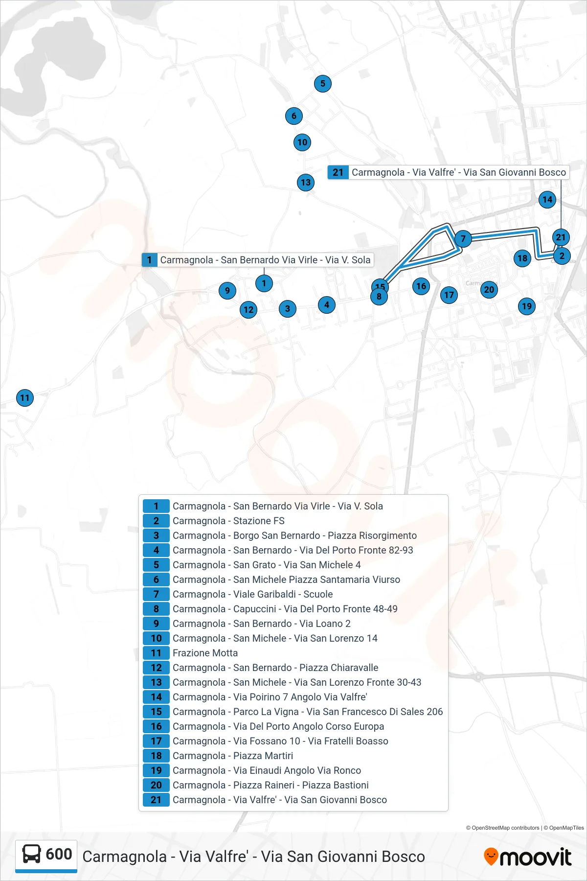 Linea 600 bus (Carmagnola - Via Valfre' - Via San Giovanni Bosco) - Percorsi e fermate sulla mappa