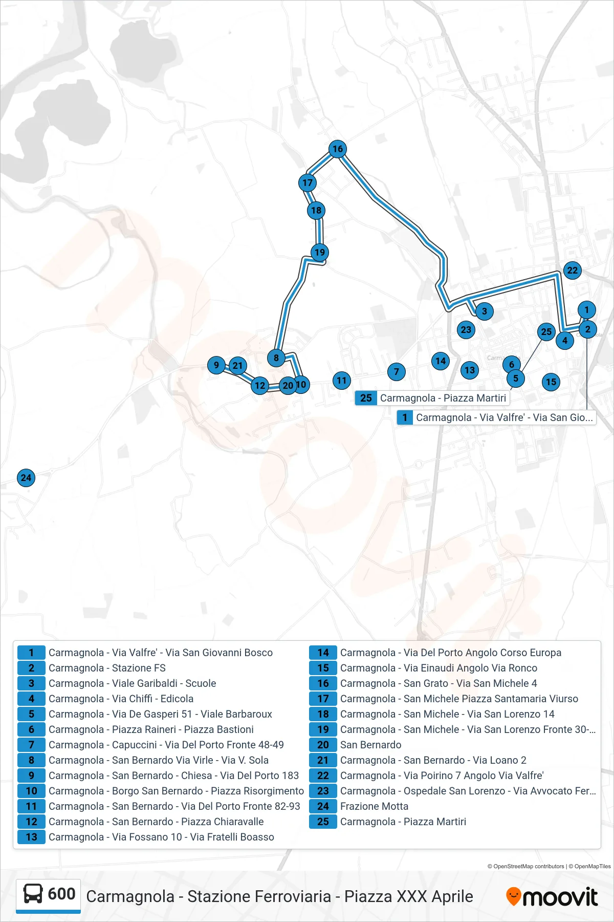 Linea 600 bus (Carmagnola - Stazione Ferroviaria - Piazza XXX Aprile) - Percorsi e fermate sulla mappa