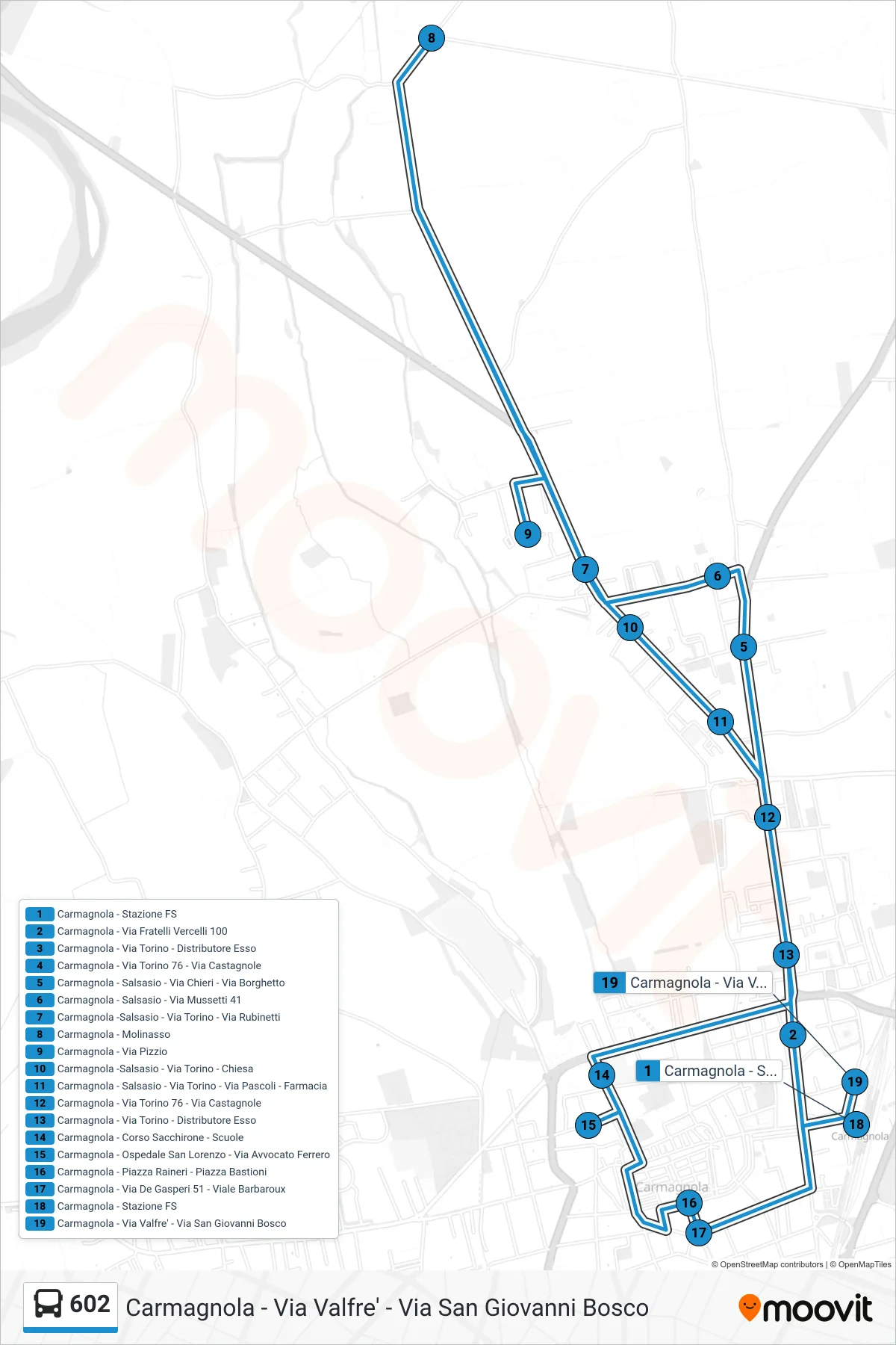 Linea 602 bus (Carmagnola - Via Valfre' - Via San Giovanni Bosco) - Percorsi e fermate sulla mappa
