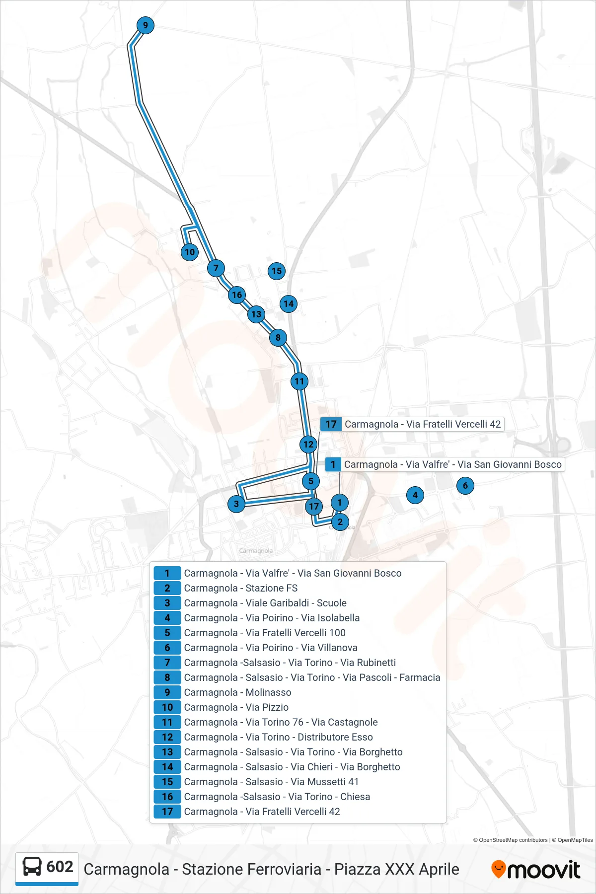 Linea 602 bus (Carmagnola - Stazione Ferroviaria - Piazza XXX Aprile) - Percorsi e fermate sulla mappa