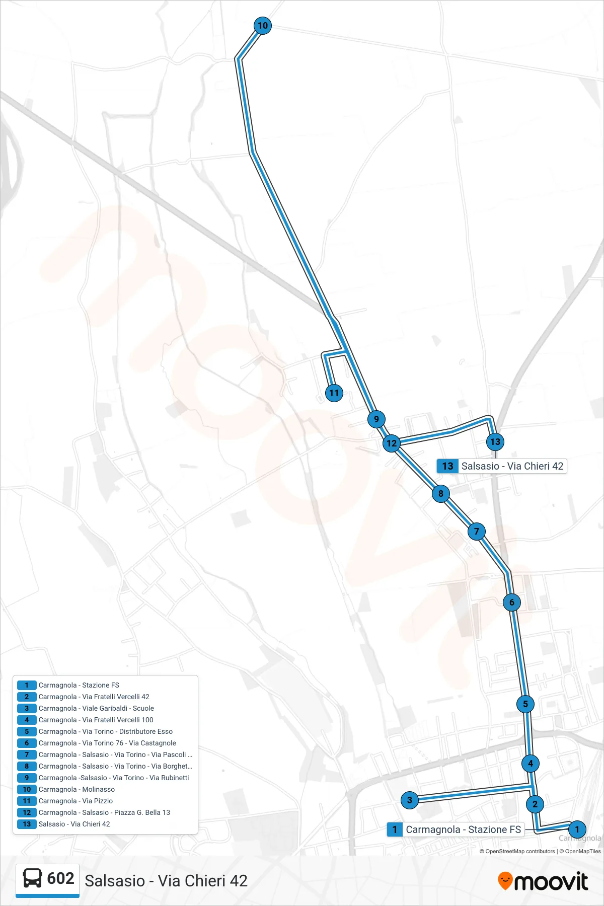 Linea 602  bus (Salsasio - Via Chieri  42) - Percorsi e fermate sulla mappa