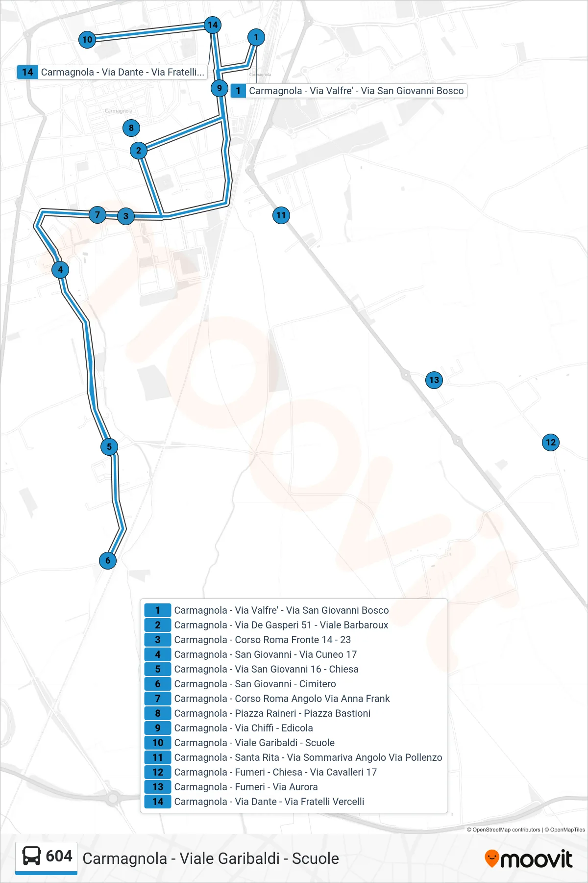 Linea 604 bus (Carmagnola - Viale Garibaldi - Scuole) - Percorsi e fermate sulla mappa