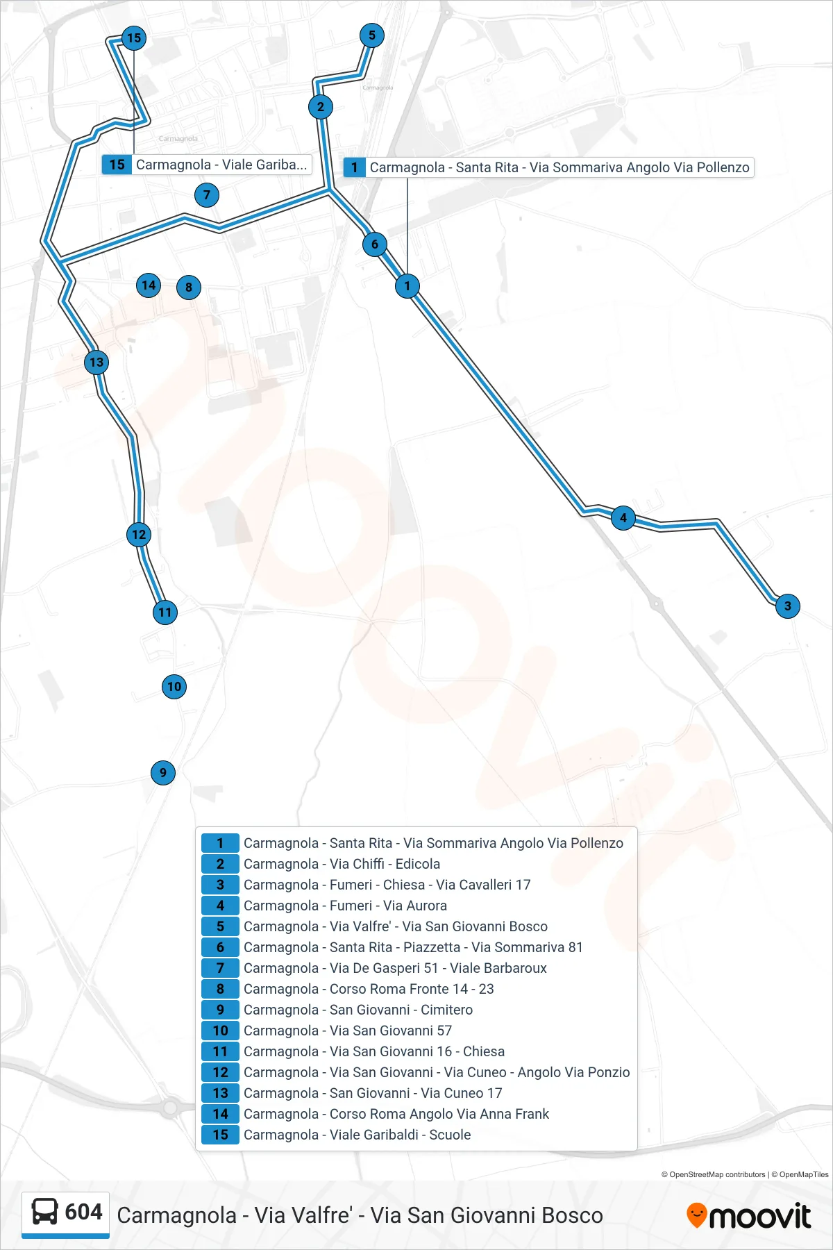 Linea 604 bus (Carmagnola - Via Valfre' - Via San Giovanni Bosco) - Percorsi e fermate sulla mappa