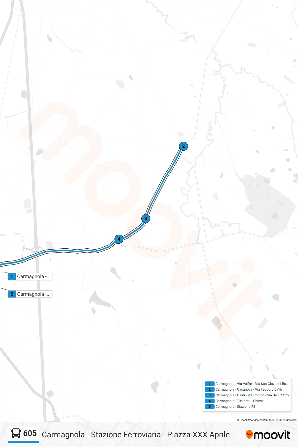 Linea 605 bus (Carmagnola - Stazione Ferroviaria - Piazza XXX Aprile) - Percorsi e fermate sulla mappa