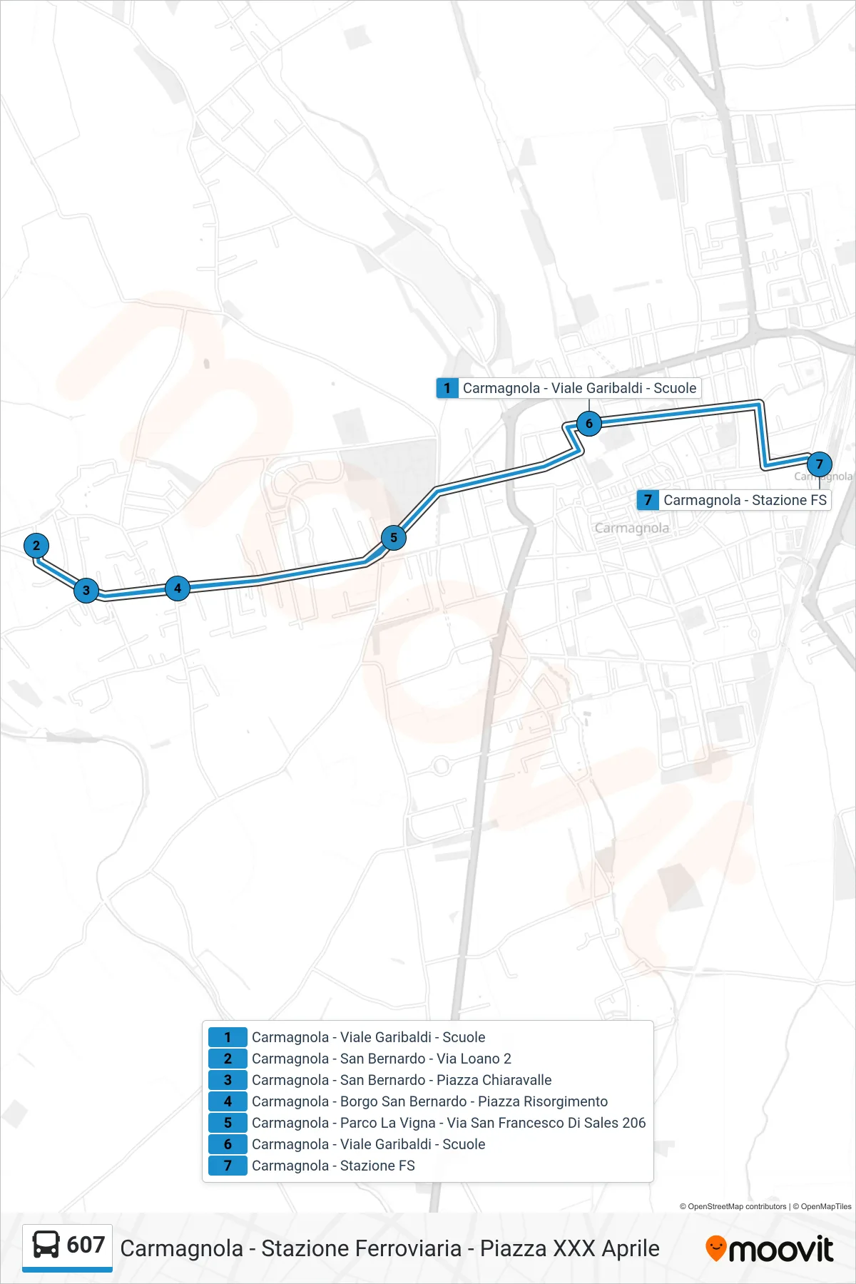 Linea 607  bus (Carmagnola - Stazione Ferroviaria - Piazza XXX Aprile) - Percorsi e fermate sulla mappa