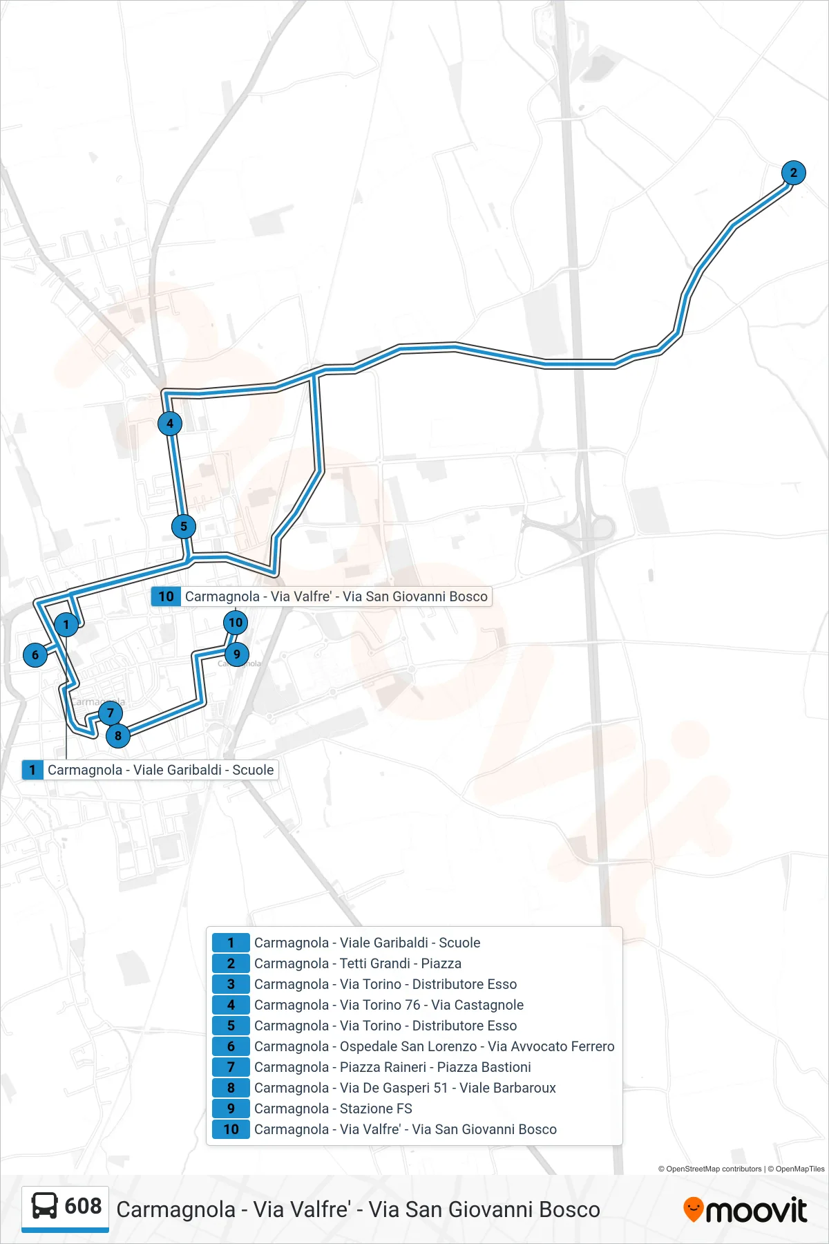 Linea 608 bus (Carmagnola - Via Valfre' - Via San Giovanni Bosco) - Percorsi e fermate sulla mappa