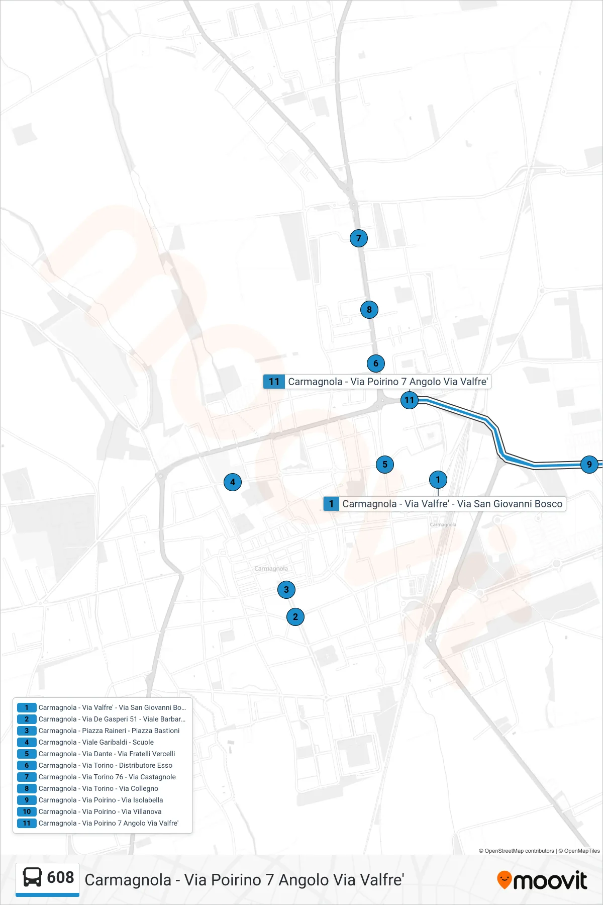 Linea 608  bus (Carmagnola - Via Poirino 7 Angolo Via Valfre') - Percorsi e fermate sulla mappa