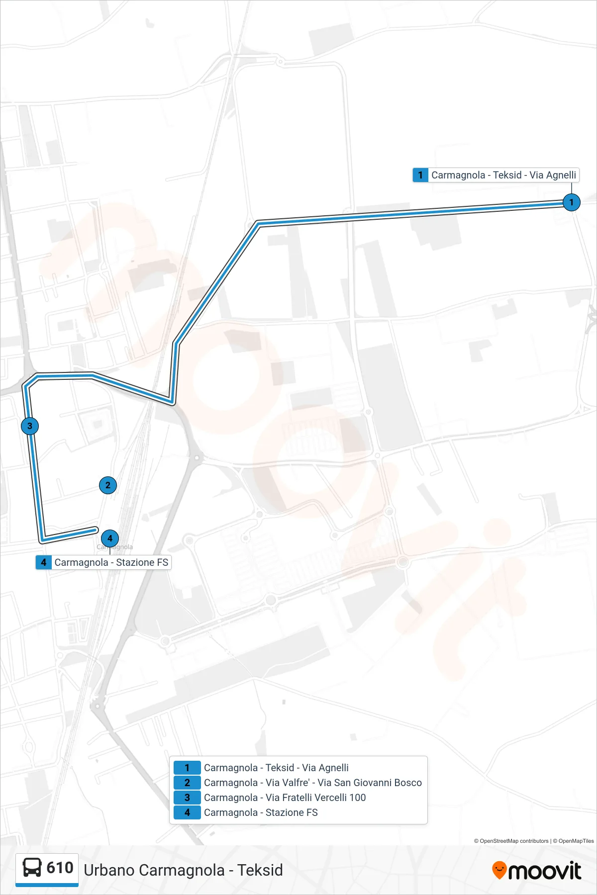 Linea 610 bus (Carmagnola - Stazione Ferroviaria - Piazza XXX Aprile) - Percorsi e fermate sulla mappa
