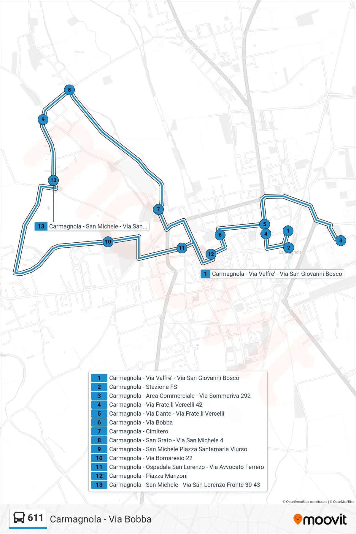 Linea 611 bus (Carmagnola - Via Bobba) - Percorsi e fermate sulla mappa