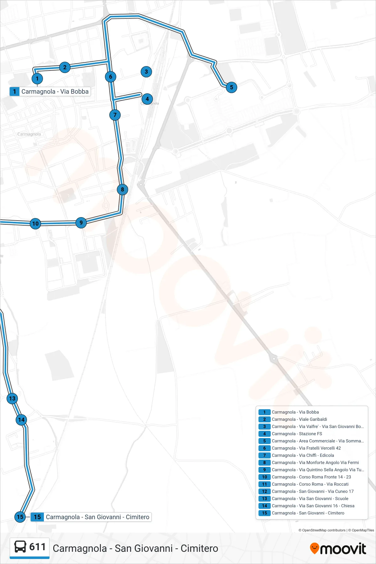 Linea 611 bus (Carmagnola - San Giovanni - Cimitero) - Percorsi e fermate sulla mappa