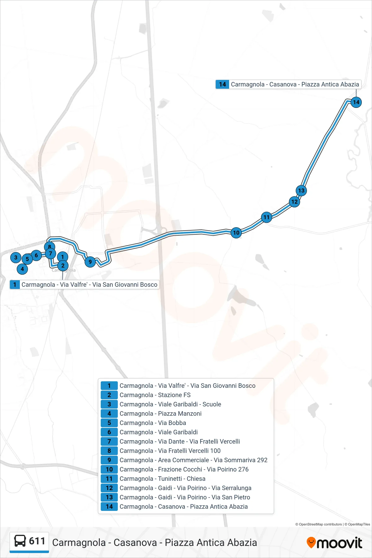 Linea 611  bus (Carmagnola - Casanova - Piazza Antica Abazia) - Percorsi e fermate sulla mappa