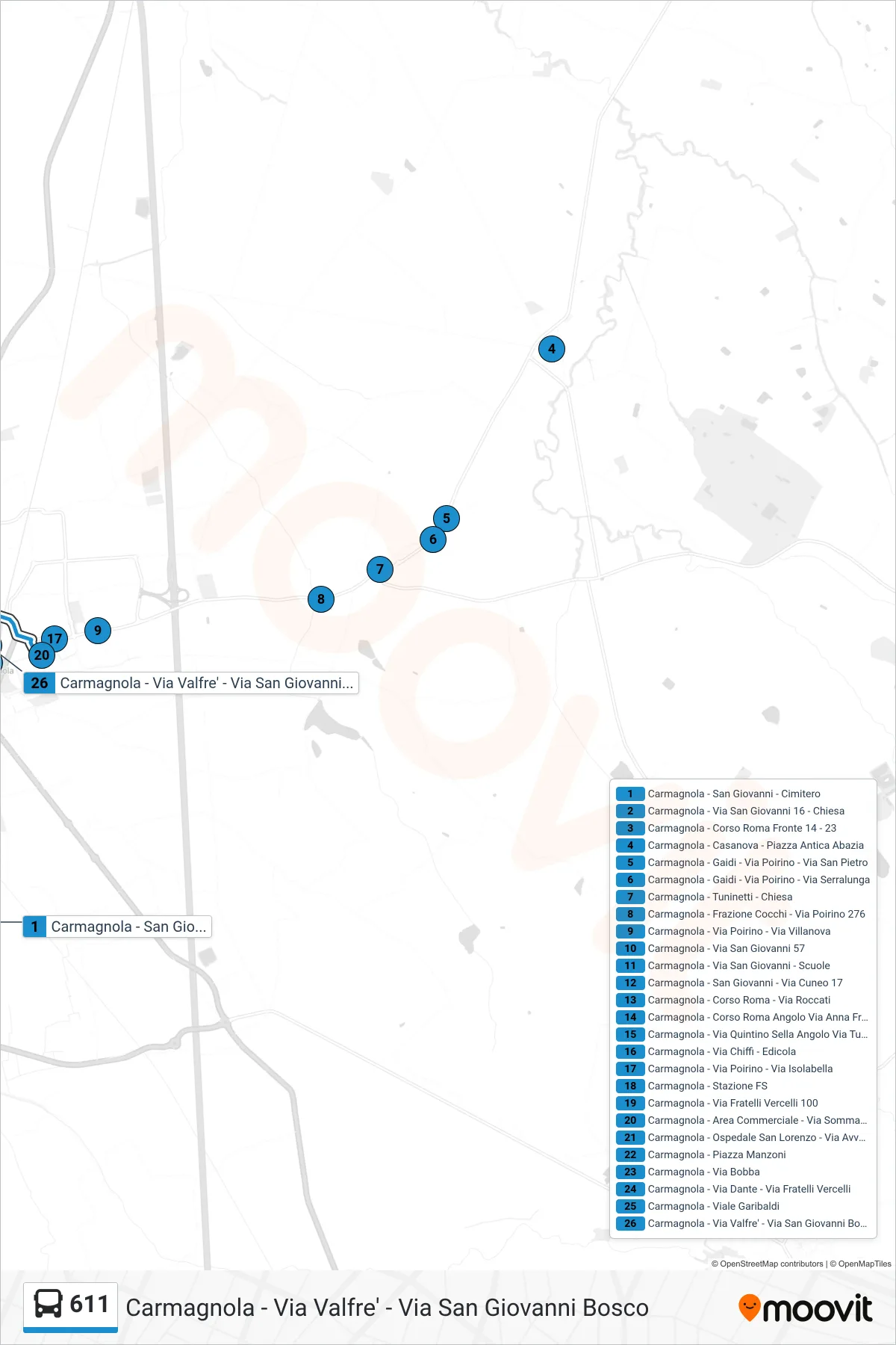 Linea 611 bus (Carmagnola - Via Valfre' - Via San Giovanni Bosco) - Percorsi e fermate sulla mappa