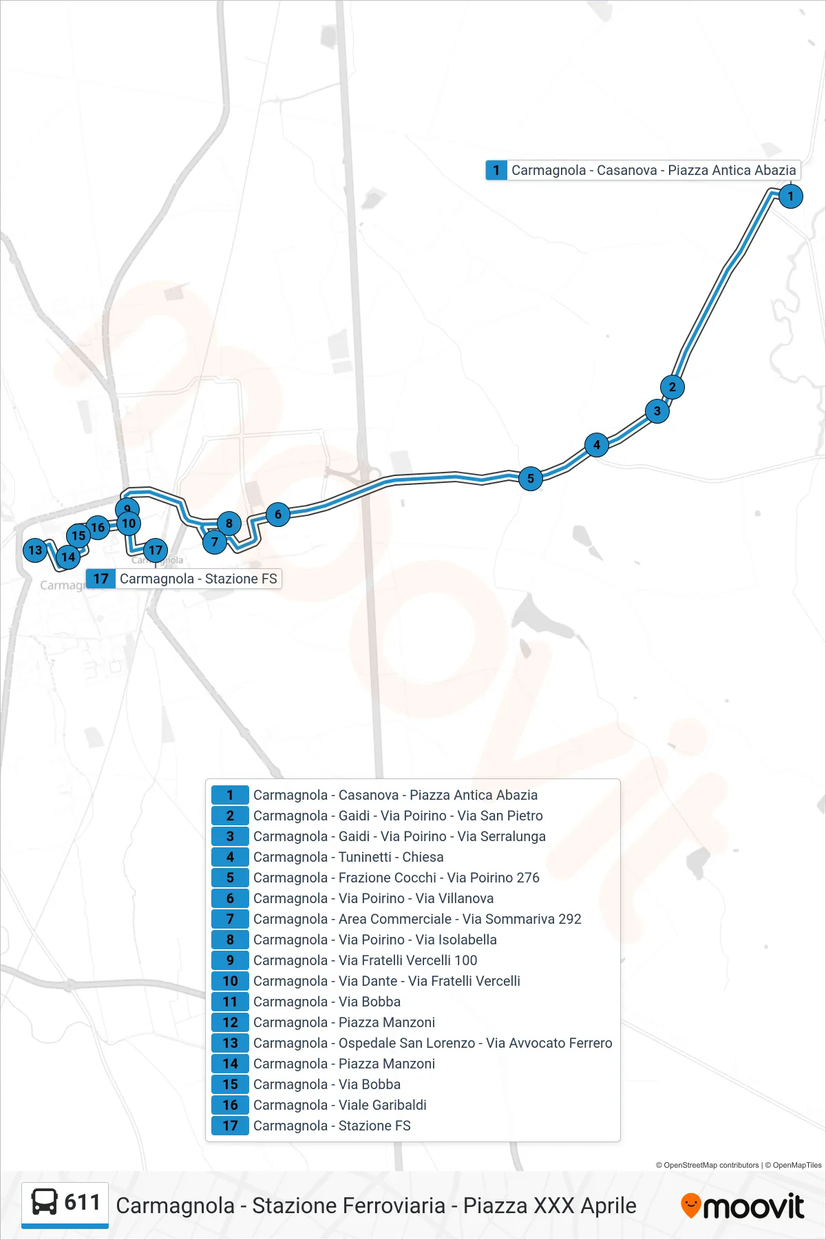 Linea 611 bus (Carmagnola - Stazione Ferroviaria - Piazza XXX Aprile) - Percorsi e fermate sulla mappa