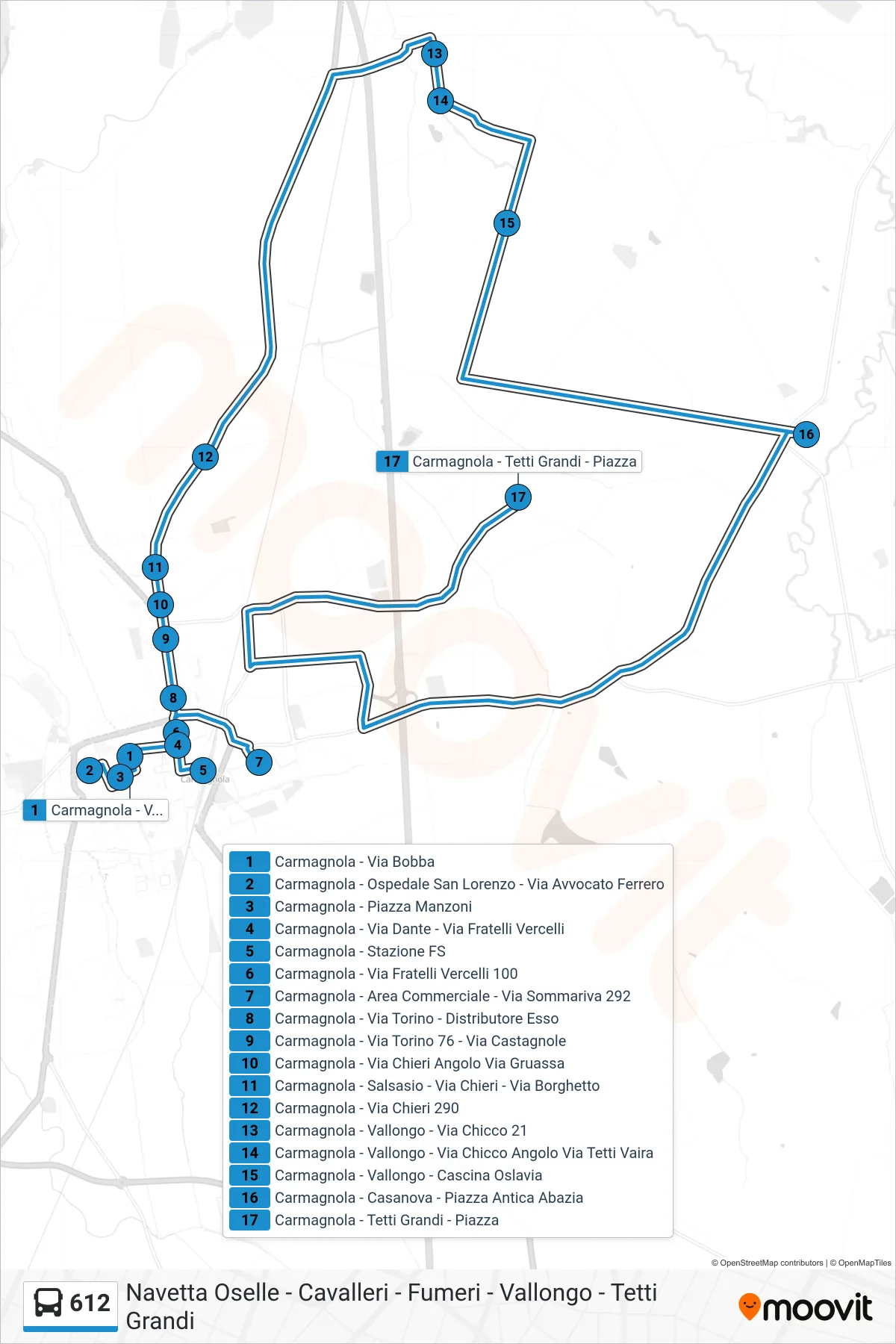 Linea 612 bus (Carmagnola - Tetti Grandi - Piazza) - Percorsi e fermate sulla mappa