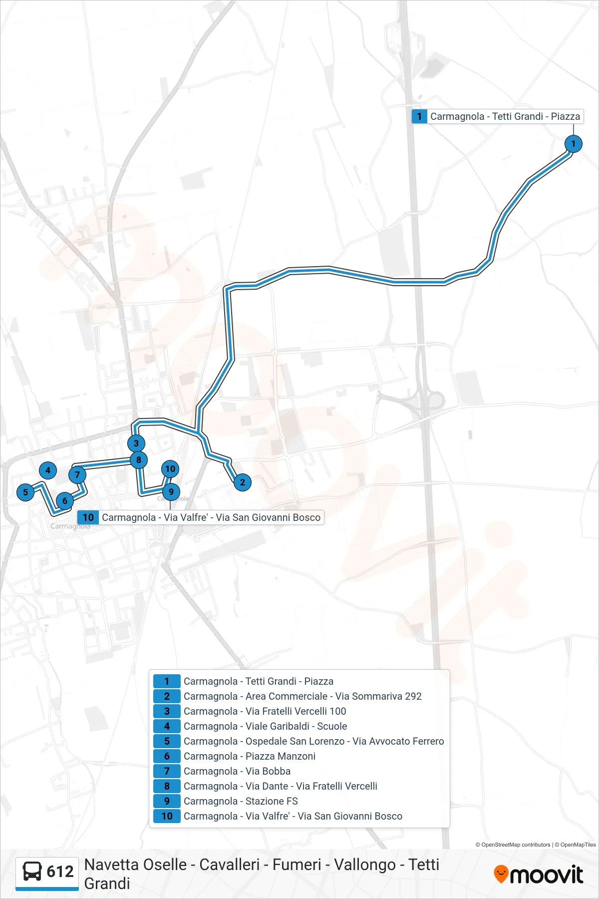 Linea 612 bus (Carmagnola - Via Valfre' - Via San Giovanni Bosco) - Percorsi e fermate sulla mappa