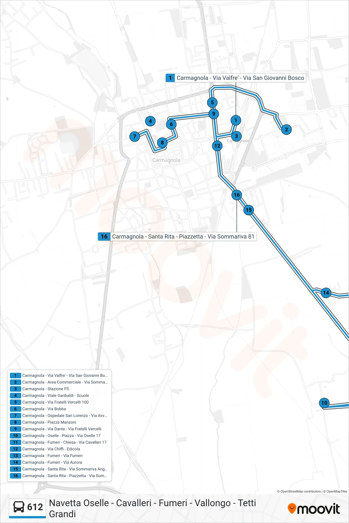 Linea 612  bus (Carmagnola - Stazione Ferroviaria - Piazza XXX Aprile) - Percorsi e fermate sulla mappa