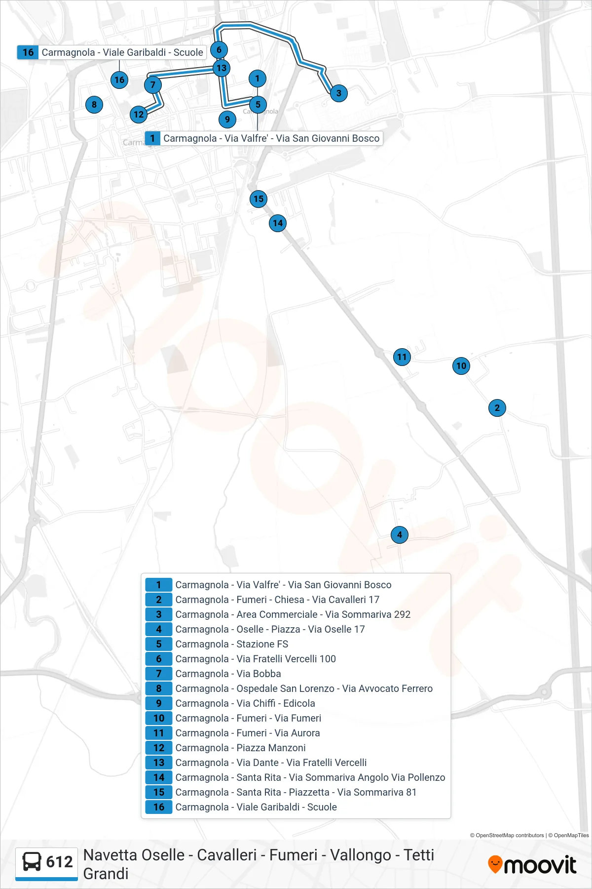 Linea 612 bus (Carmagnola - Piazza Manzoni) - Percorsi e fermate sulla mappa