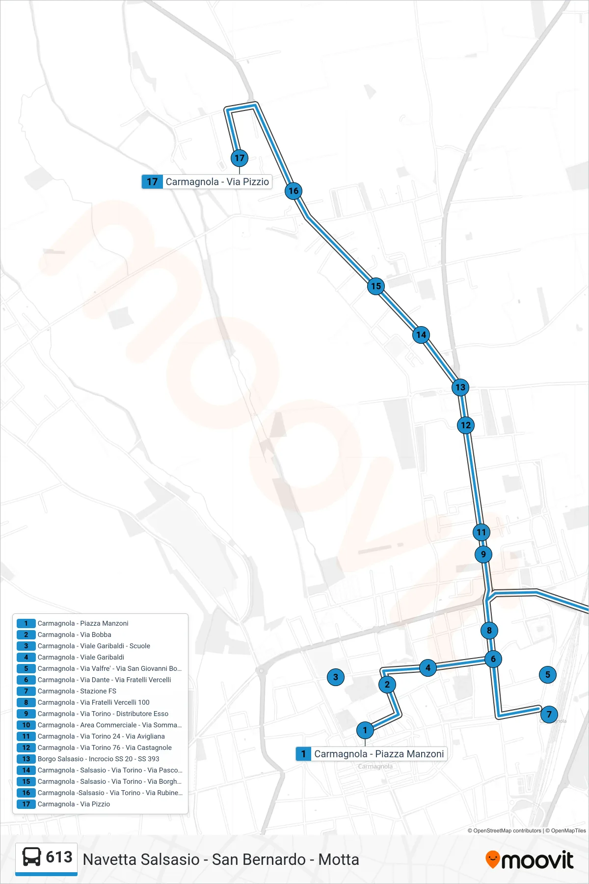 Linea 613 bus (Carmagnola - Via Pizzio) - Percorsi e fermate sulla mappa