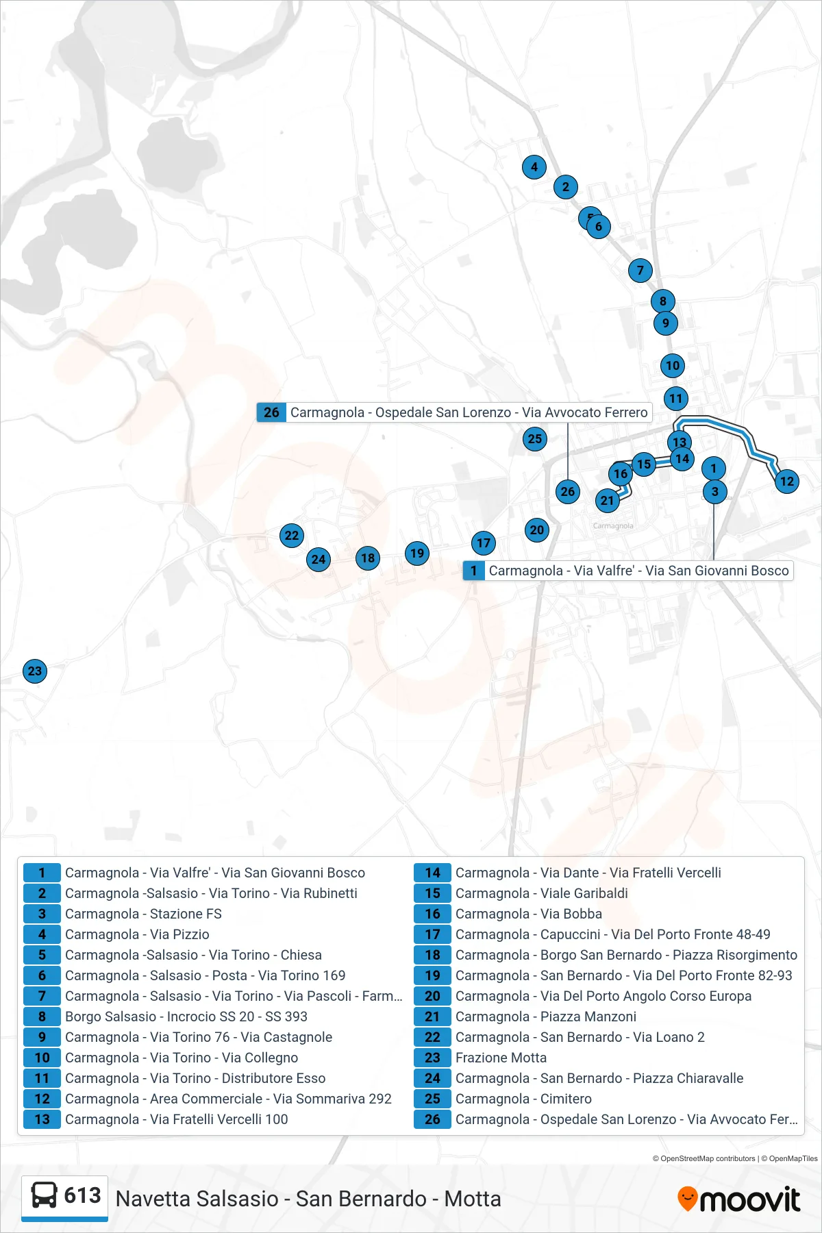 Linea 613 bus (Carmagnola - Piazza Manzoni) - Percorsi e fermate sulla mappa