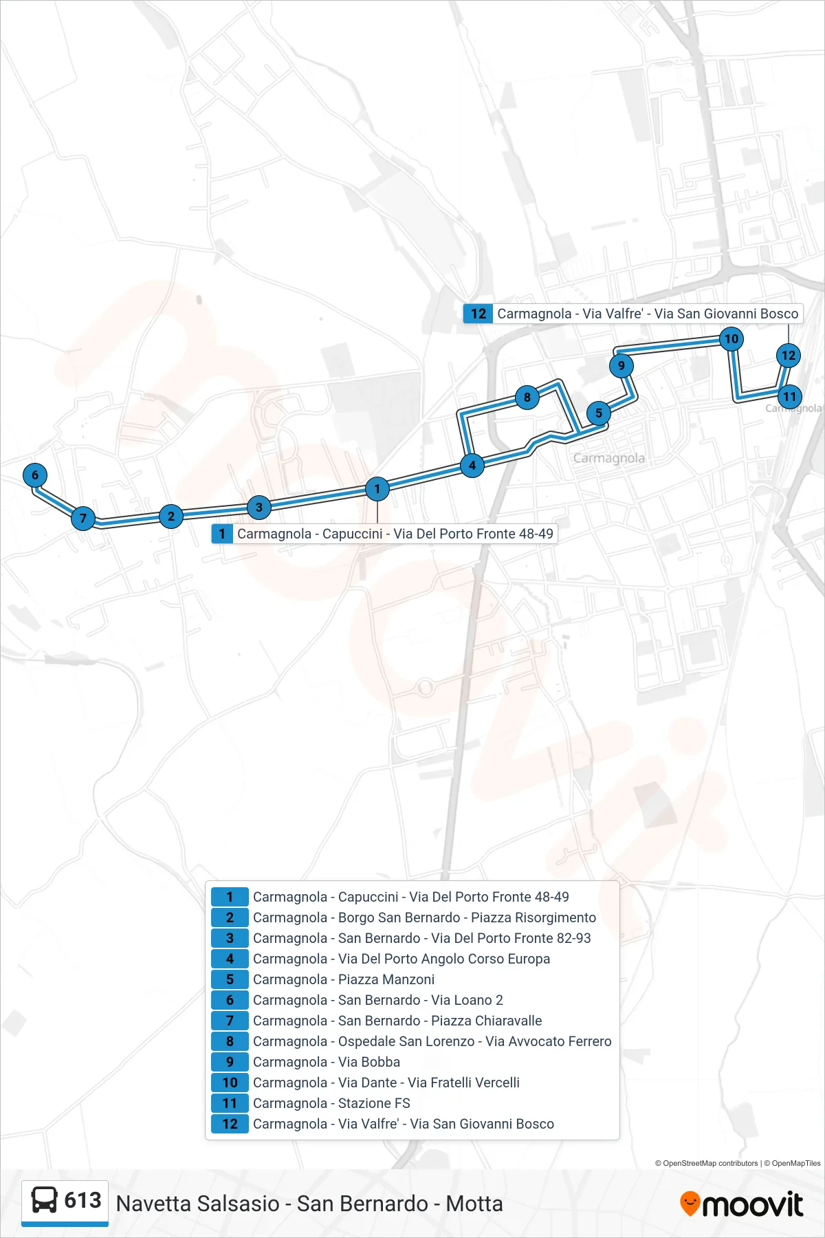 Linea 613 bus (Carmagnola - Via Valfre' - Via San Giovanni Bosco) - Percorsi e fermate sulla mappa