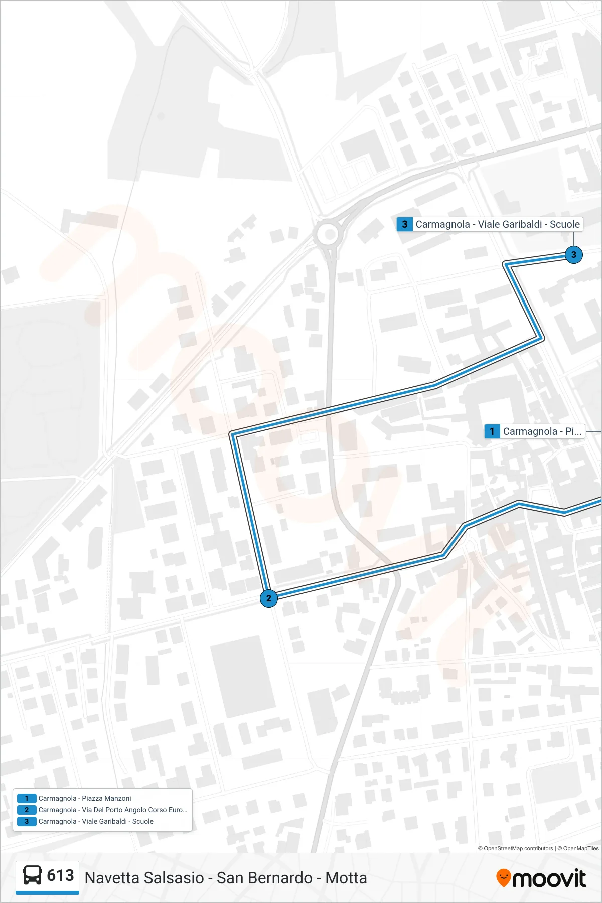 Linea 613 bus (Carmagnola - Viale Garibaldi - Scuole) - Percorsi e fermate sulla mappa