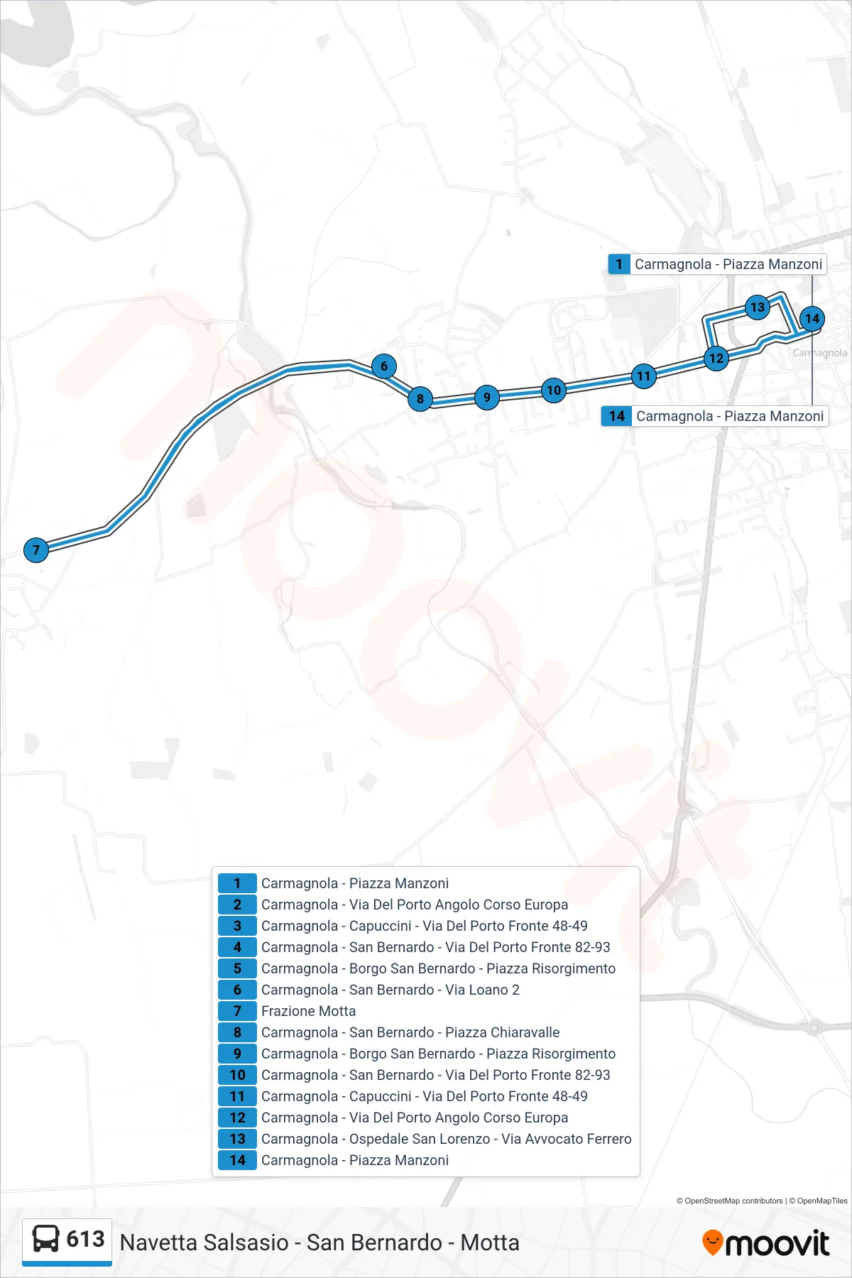 Linea 613  bus (Carmagnola - Stazione Ferroviaria - Piazza XXX Aprile) - Percorsi e fermate sulla mappa