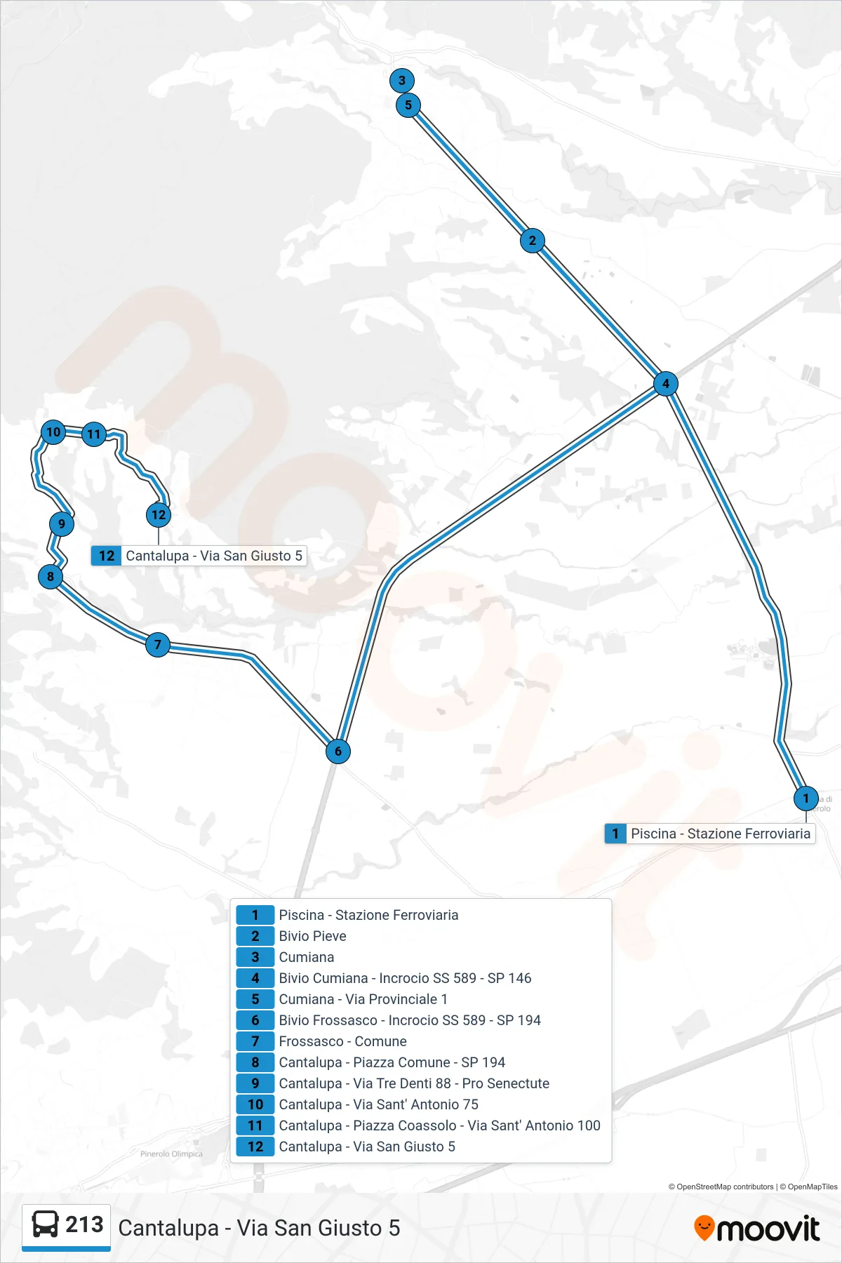 Linea 213  bus (Cantalupa - Via San Giusto  5) - Percorsi e fermate sulla mappa