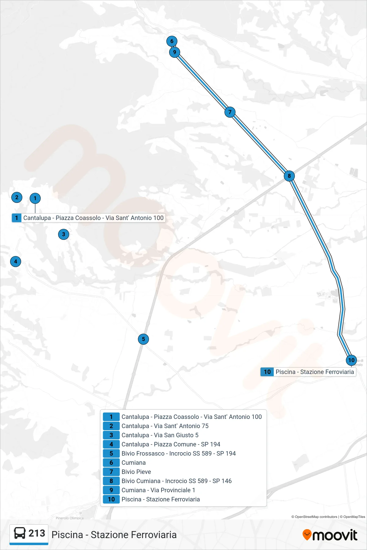 Linea 213 bus (Piscina - Stazione Ferroviaria) - Percorsi e fermate sulla mappa